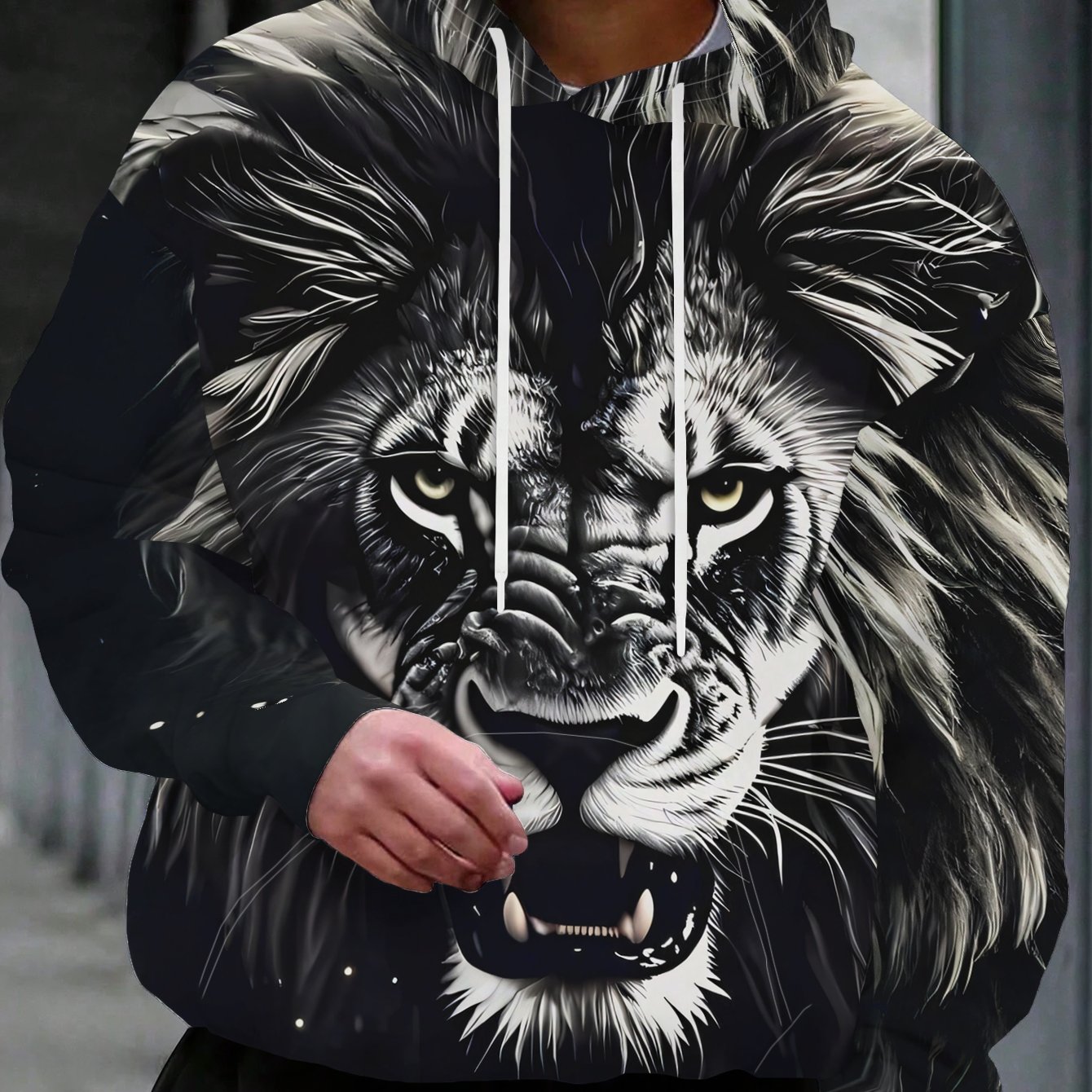 TEMU 's Novelty Hoodie Featuring A Of A Black And White A Black Background, Perfect For Casual Wear