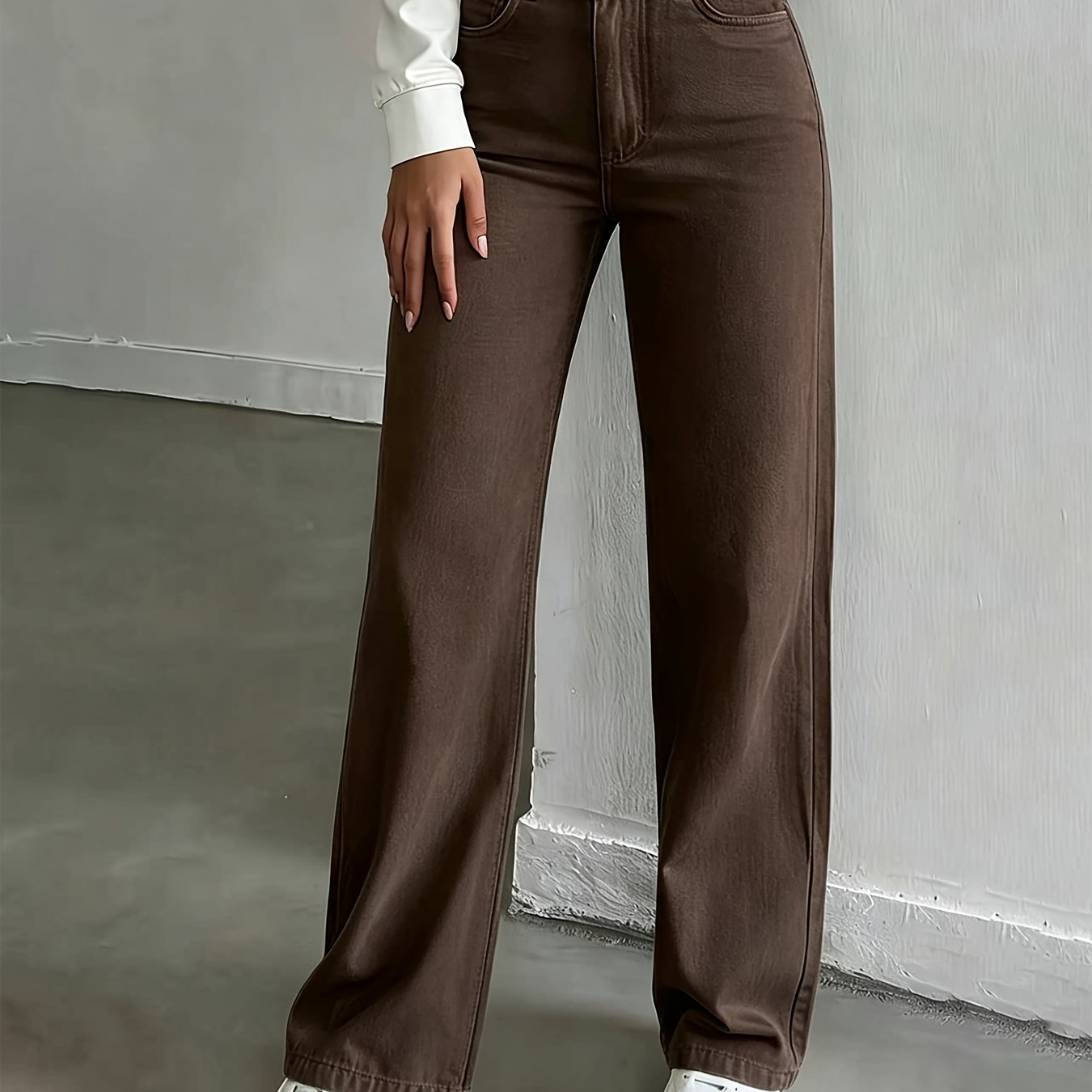 Image of Ladie's 2026 Straight-leg Jeans, High-waisted And Cinched Denim Long Pants, 90s Women's Clothing, Washed Solid-color Business Casual Pants With Pockets, Suitable For Travel, Shopping, And Denim Pants