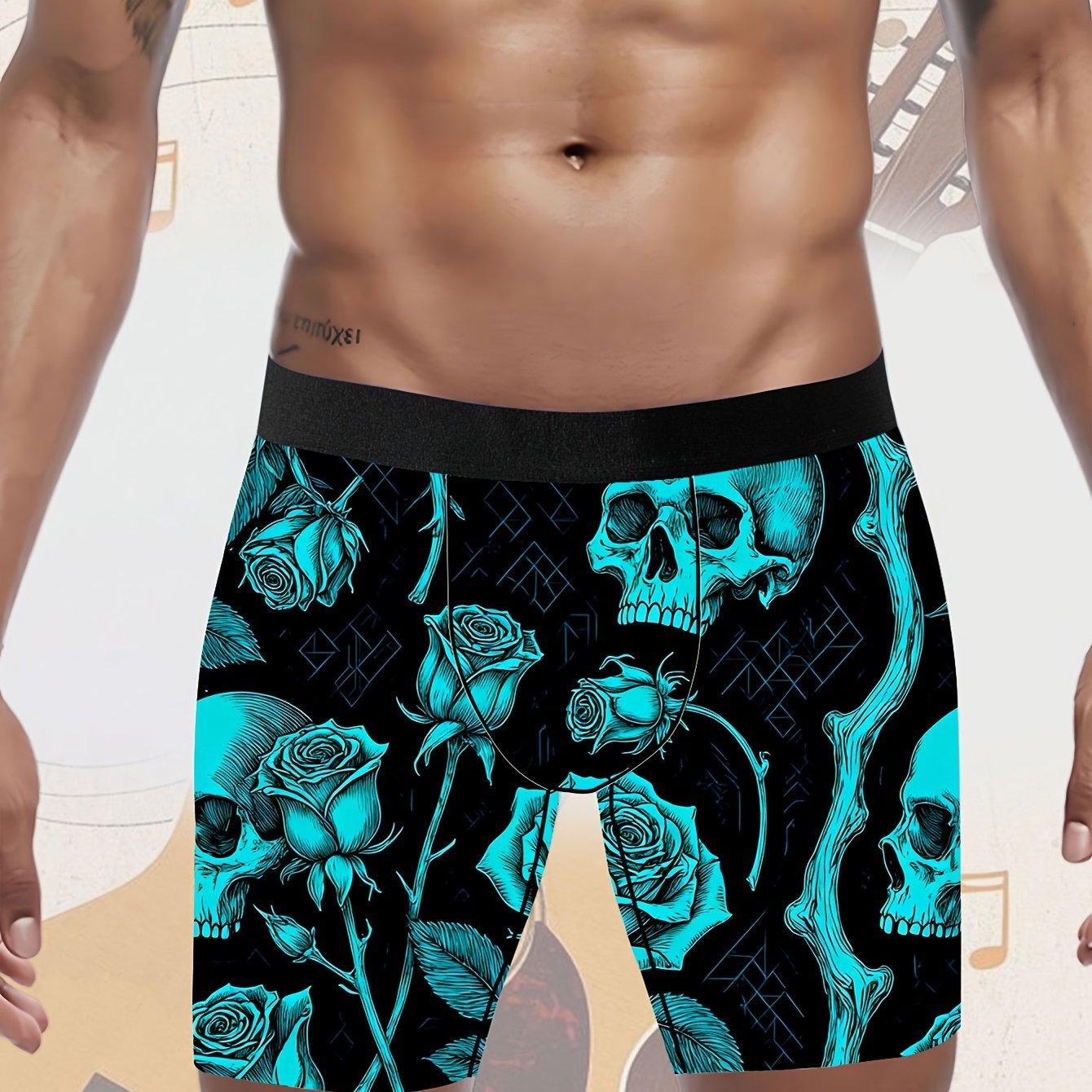 TEMU 1pc And Cute Men's Casual Boxer Briefs For , Qingming Skull And Rose Print Boxer Briefs, Knitted Fabric, Four-needle Six-thread , Breathable And