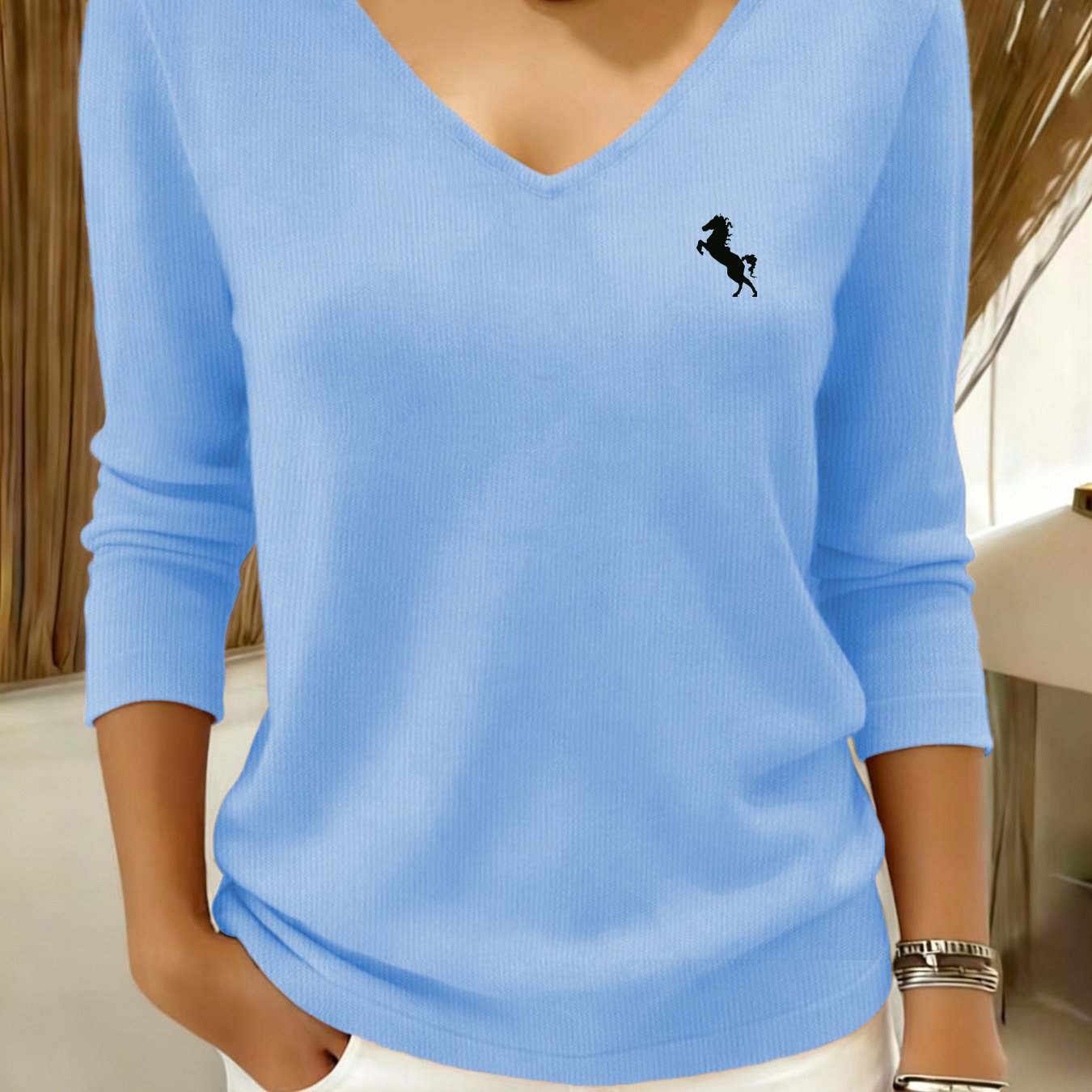 TEMU casual da donna - Pullover a maniche lunghe sciolto con scollo a V, top elasticizzato, design testurizzato, tessuto resistente, , consistenza