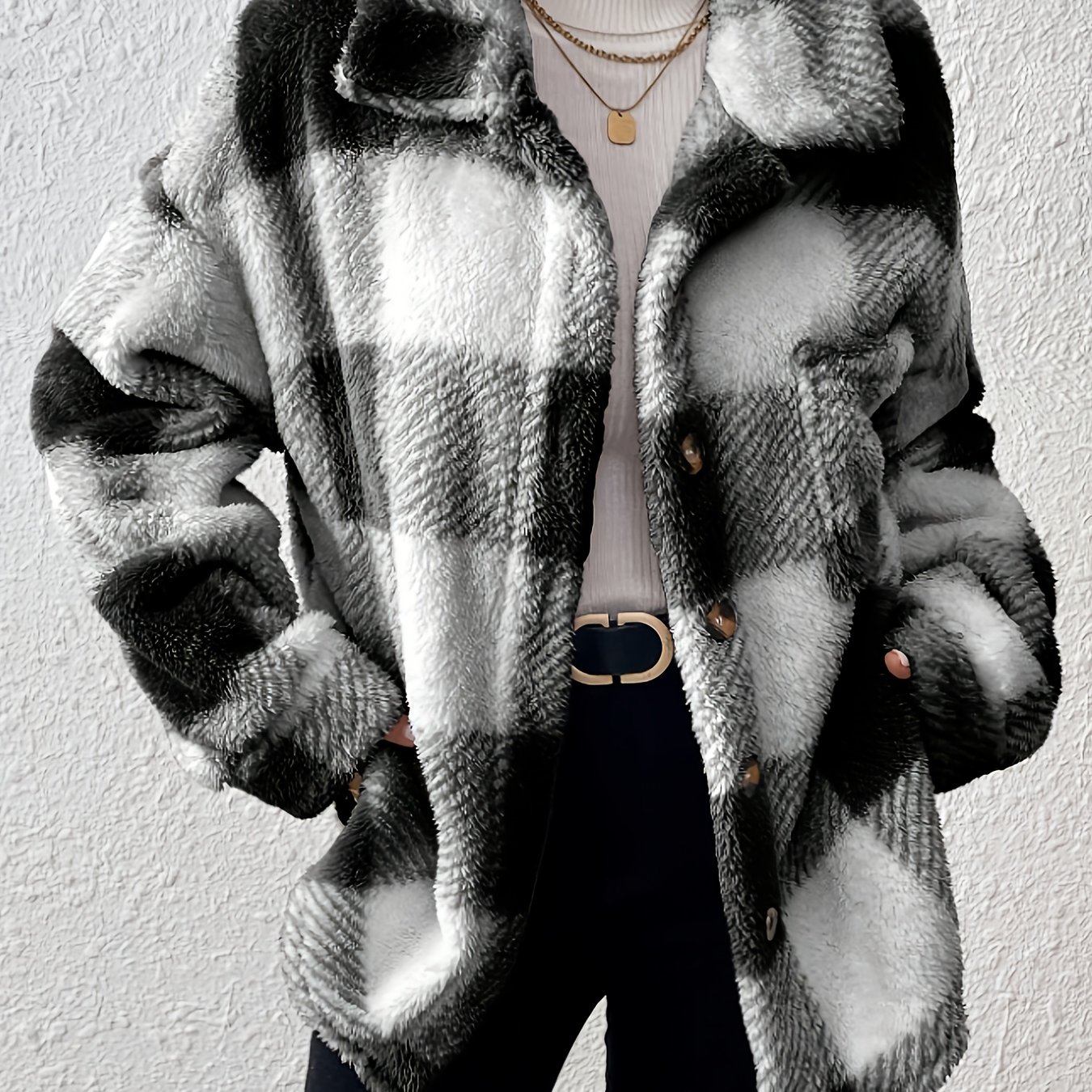 E-shop Damen Karierter Lässiger Mode Warme Langarm Plüsch Jacke, Eleganter Damen Mantel, Herbst und Winter