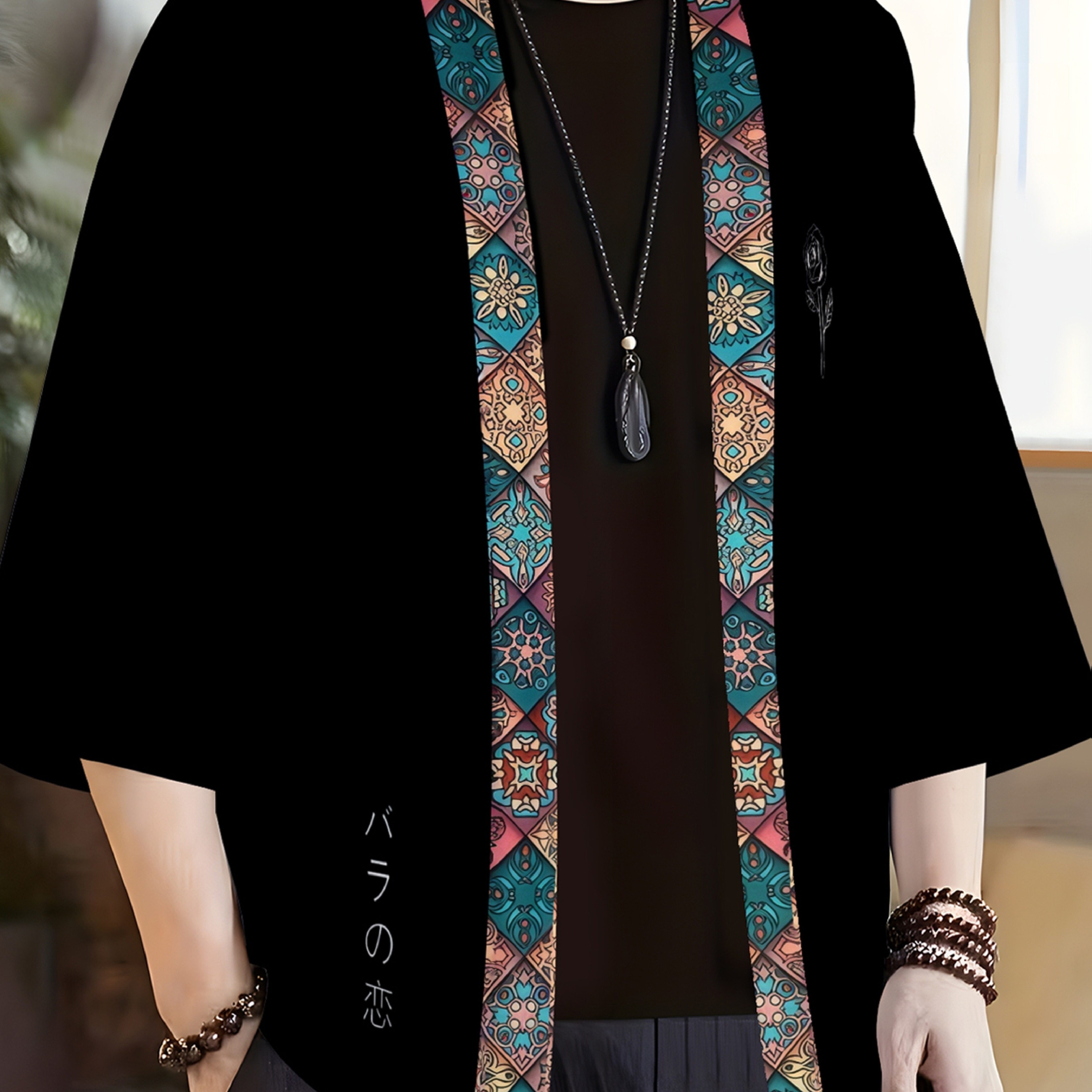 TEMU Men's Ethnic -block Print Kimono Cardigan, Japanese Loose Short Sleeve Robe, Street Style Summer Casual Outerwear
