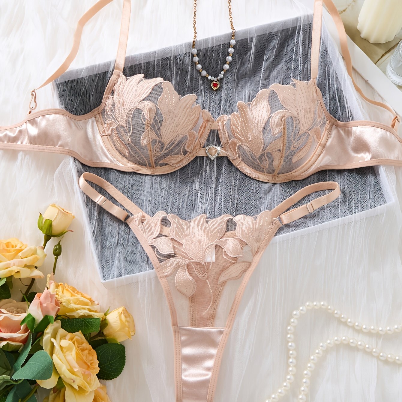 TEMU 1 Set Champagne-colored Lily Floral Embroidered Women's Lingerie Set, Mesh Sheer Textured Satin Bra And Panties
