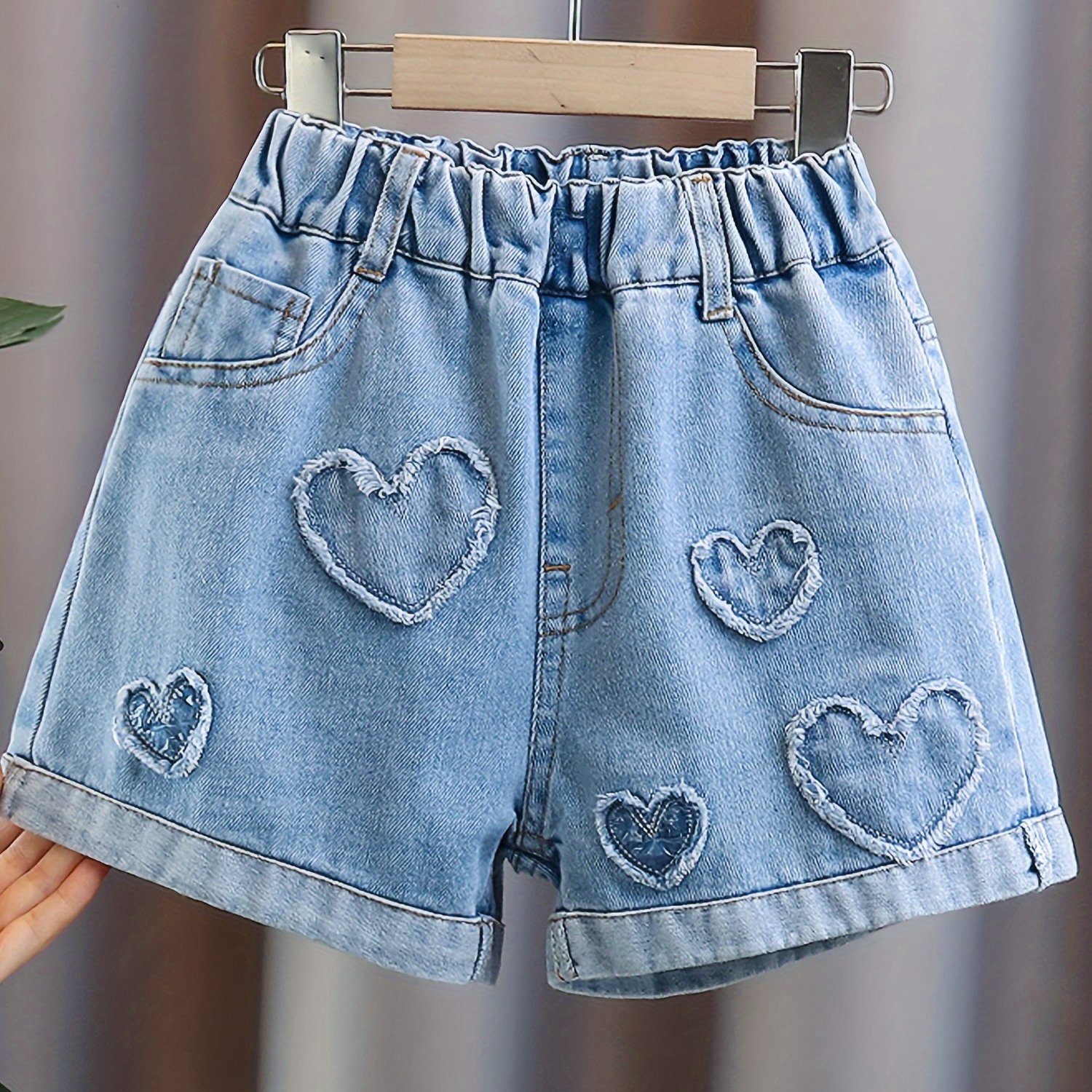 Image of Girls' Summer Heart Denim Shorts, Denim Hot Pants, Casual Denim Shorts, Cute Shorts For Girls, Shorts, Back-to-school Must-have Shorts, Comfortable With Elastic Waistband