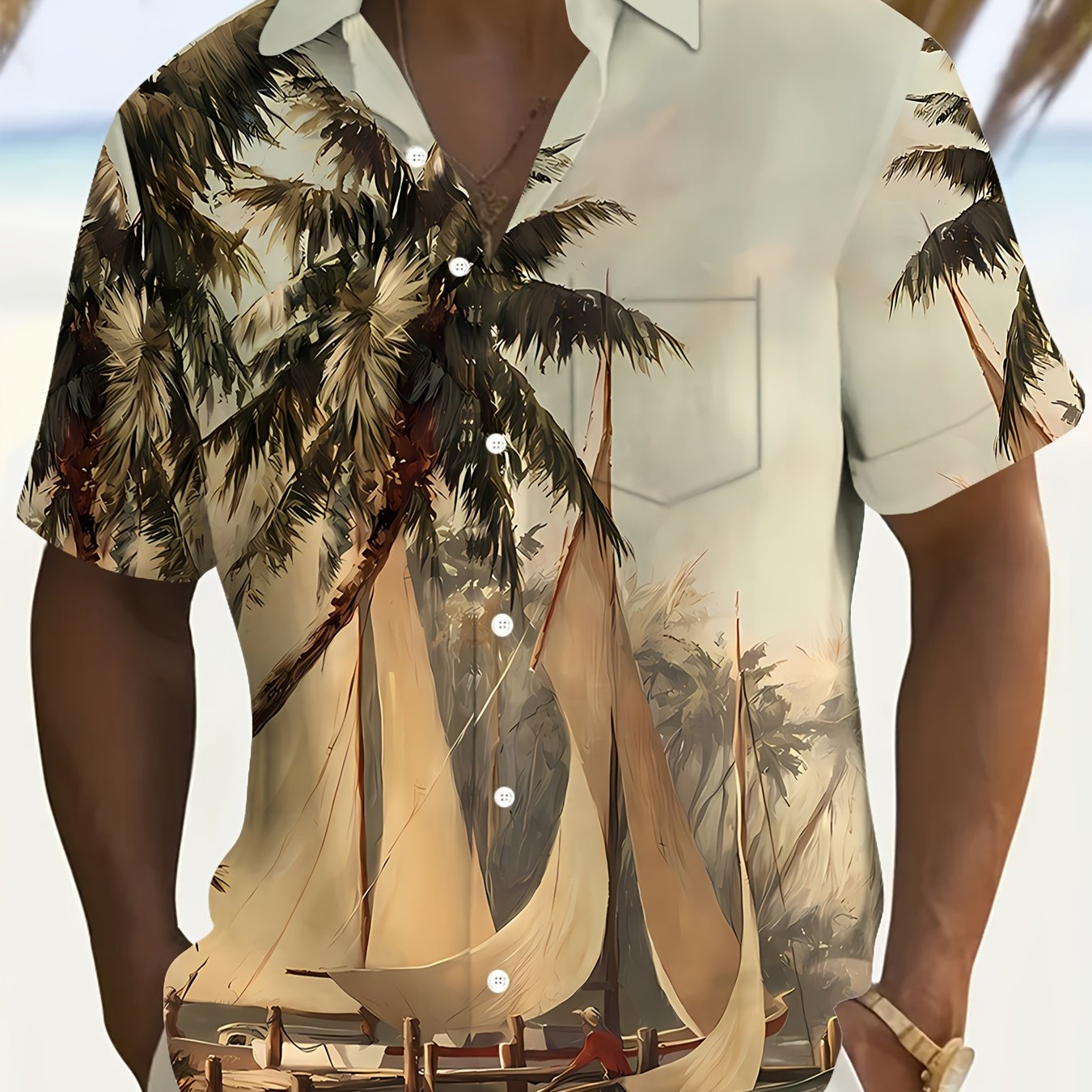 TEMU [printe Esign-not Texture]men's Retro Tropical Style Palm Treeshort Sleeve Shirt- Casual Summer Button Design, Block Pattern, Machine Washable