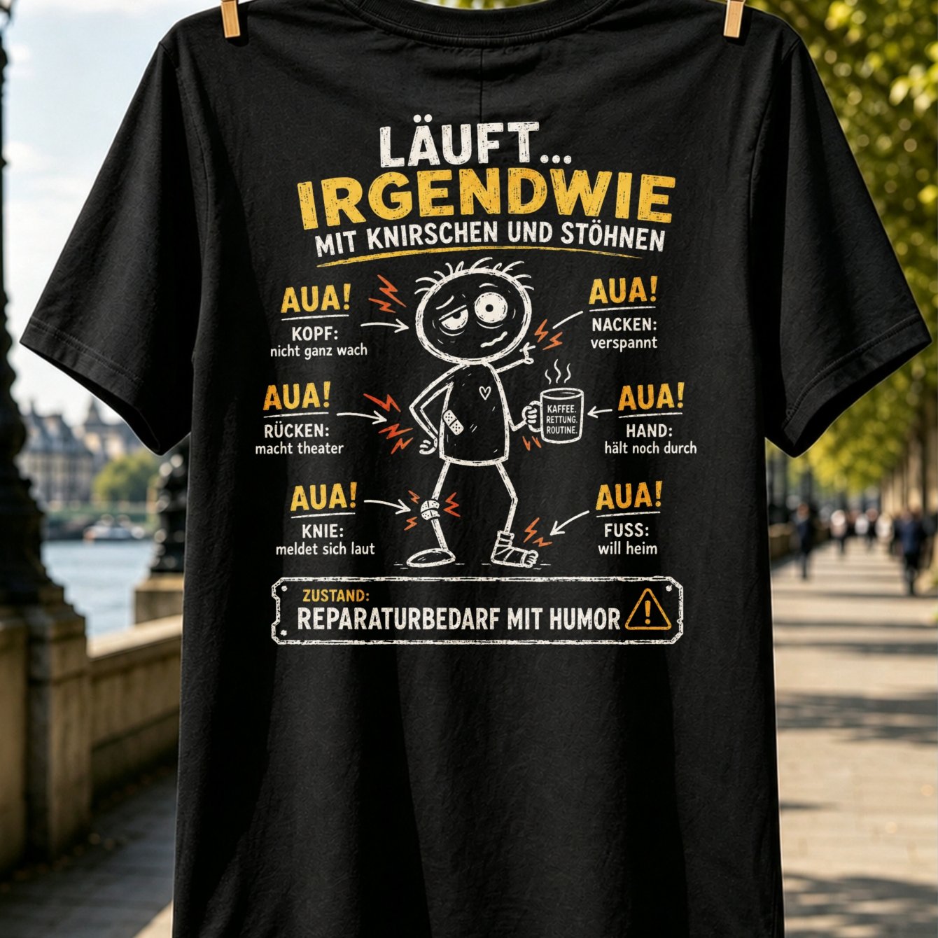 Humorous Aging Body Pain Diagram With Weary Coffee Cup And German Text, Detailed Illustration And Nostalgic Graphic T-shirt Unisex T-shirt
