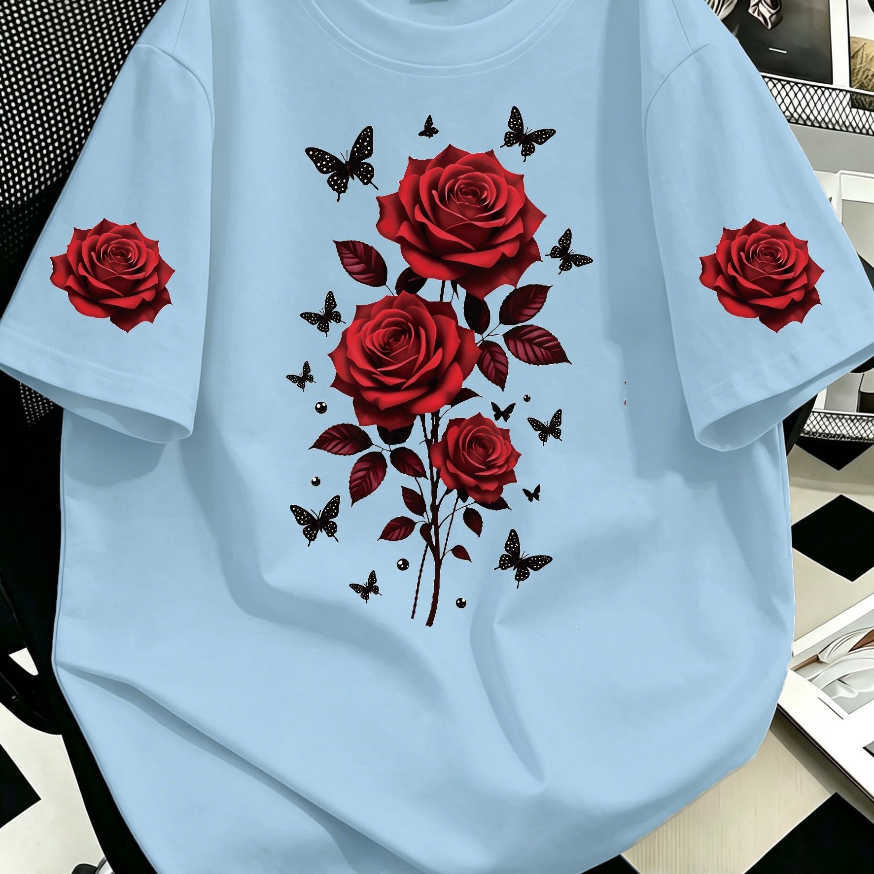 TEMU Plus Size, Plus Size Women's Red Rose And Pattern Print Crew Neck Short Sleeve T-shirt, Casual Summer Fashion Print, Suitable For Summer