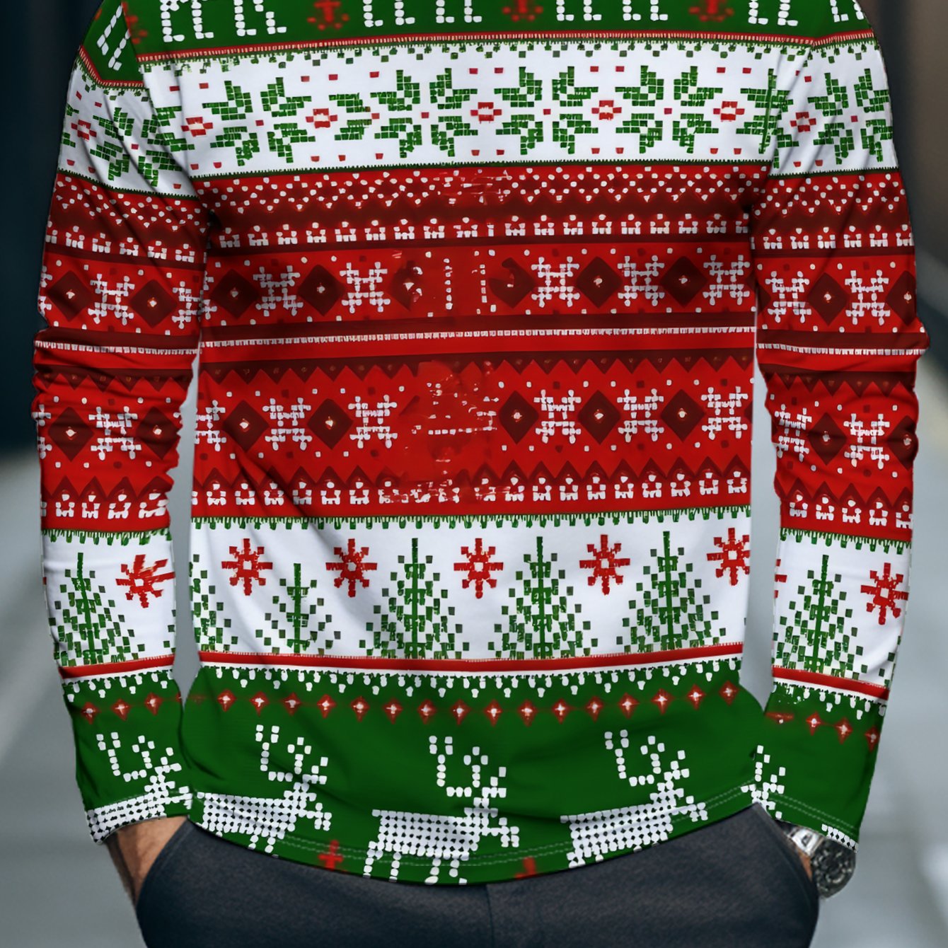 TEMU This Christmas-themed Sweatshirt Features Red, Green, And White As Its Main Colors, With Reindeer, Snowflakes, And Other Festive Elements, Mens