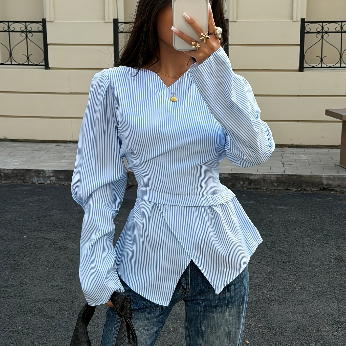 E-shop Damen Neues Frühjahr/Herbst Elegantes Blau-Weiß Gestreiftes Unregelmäßiges Taillenband Langarmhemd, für Pendeln, Dating Casual Alltagskleidung