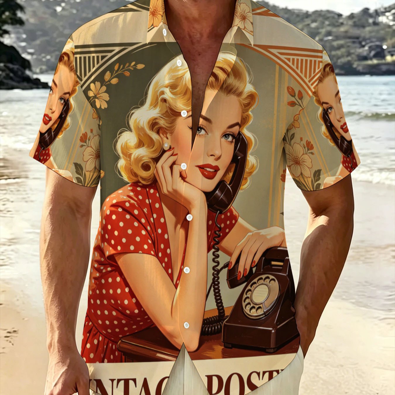 TEMU Retro Telephone Girl Print Men's Short Sleeve Shirt Summer Beach Casual Style Trendy Shirt