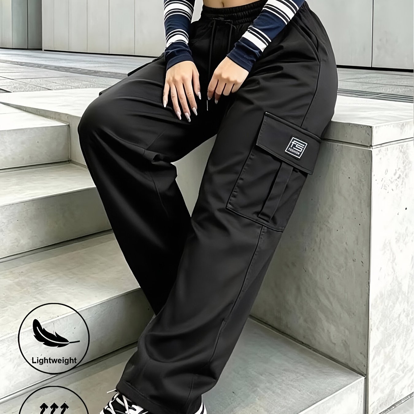 TEMU Women's Straight-leg Cargo Pants, Elastic Drawstring Waist Wide-leg Trousers, Multi-pocket Loose Style Daily Wear Pants