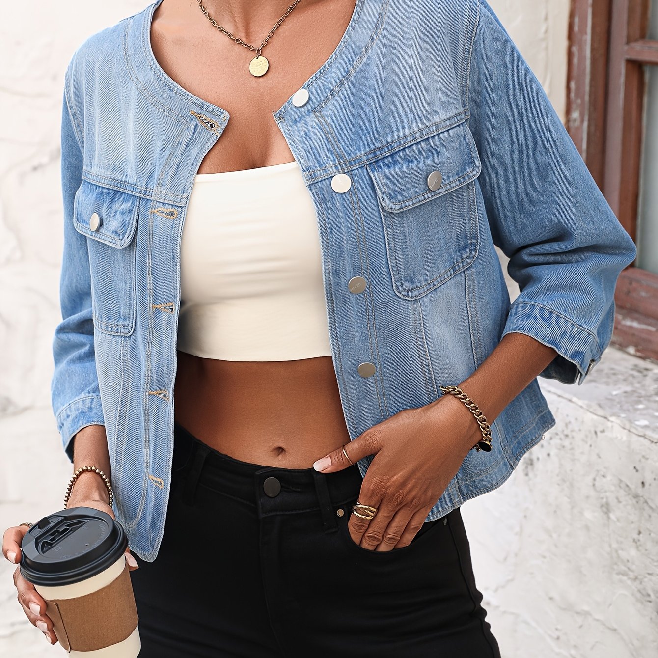 Image of Round-neck, Short-sleeve Denim Jacket