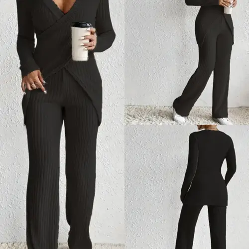 womens ribbed fall set solid color v neck long sleeve fit cross front long pants 2pcs outfits