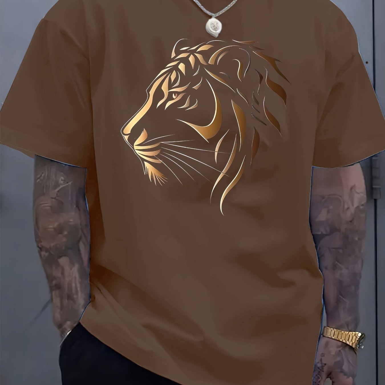 TEMU Men's Short-sleeved T-shirt With Print, Sports Casual Elastic Neckline Design, Breathable Summer Top Suitable For Outdoor Activities And Daily