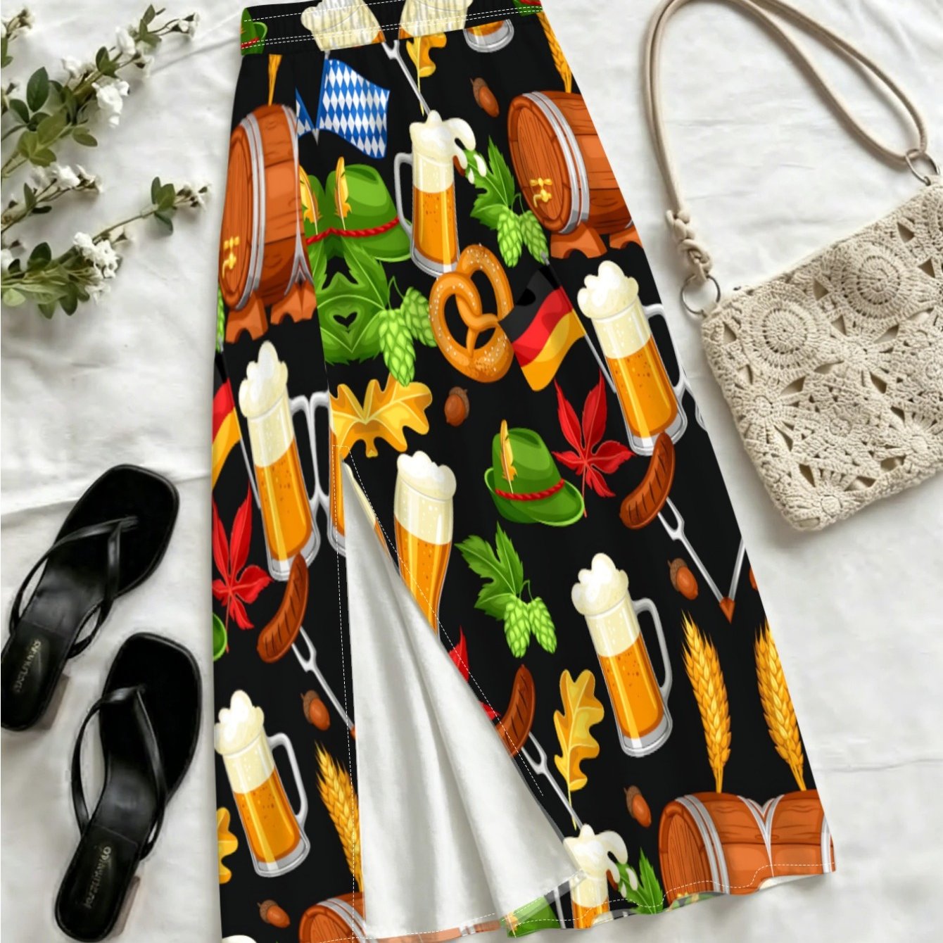 TEMU Women's Oktoberfest Skirt Suitable For Beer Festival Outfits, Full-body Print With Slit Skirt, Machine Washable Spring Summer Skirt For Themed