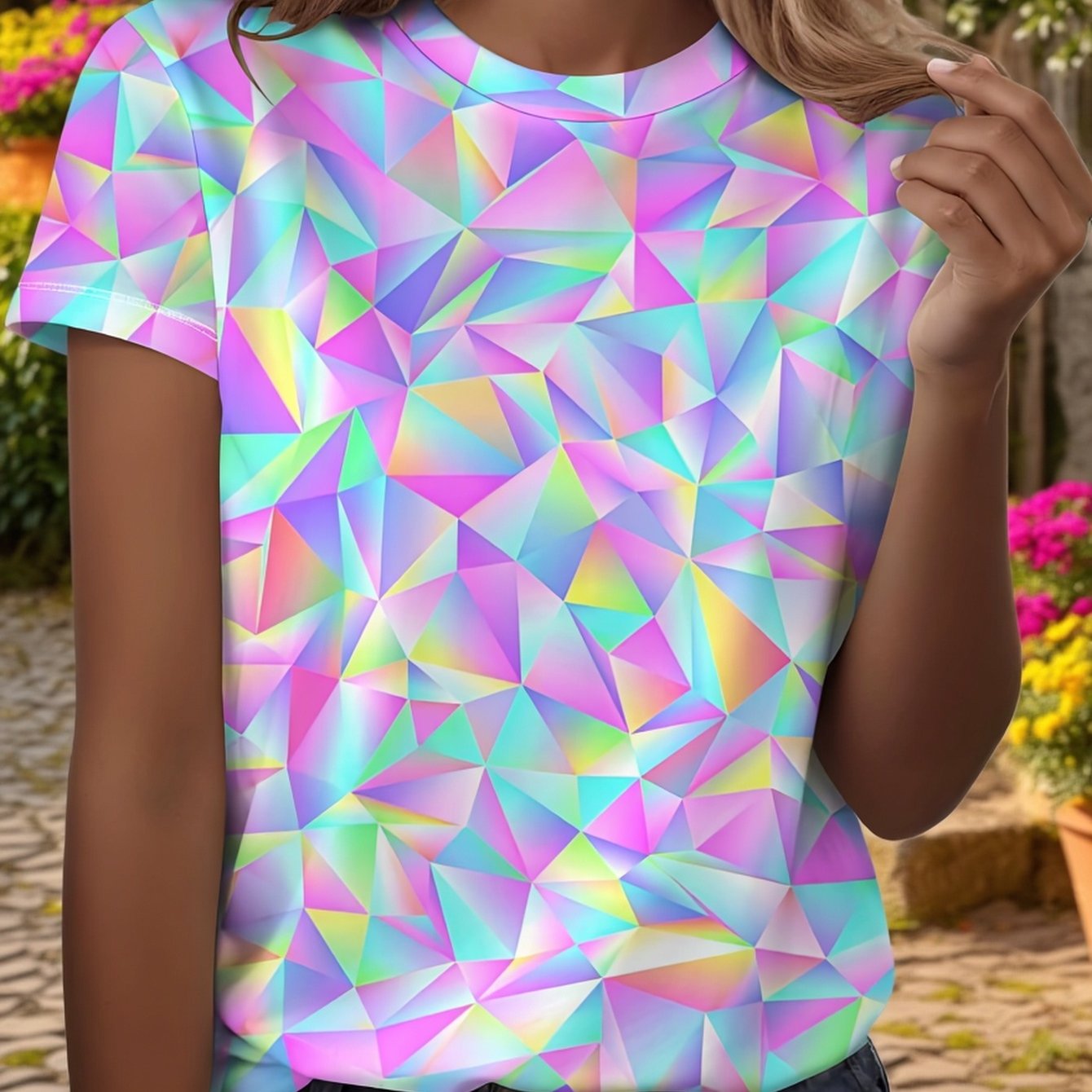 TEMU Gradient Ombre Short-sleeve T-shirt - Multicolor Geometric Ombre Print Blouse-compatible Top | Casual Summer Streetwear Blouse Suitable For