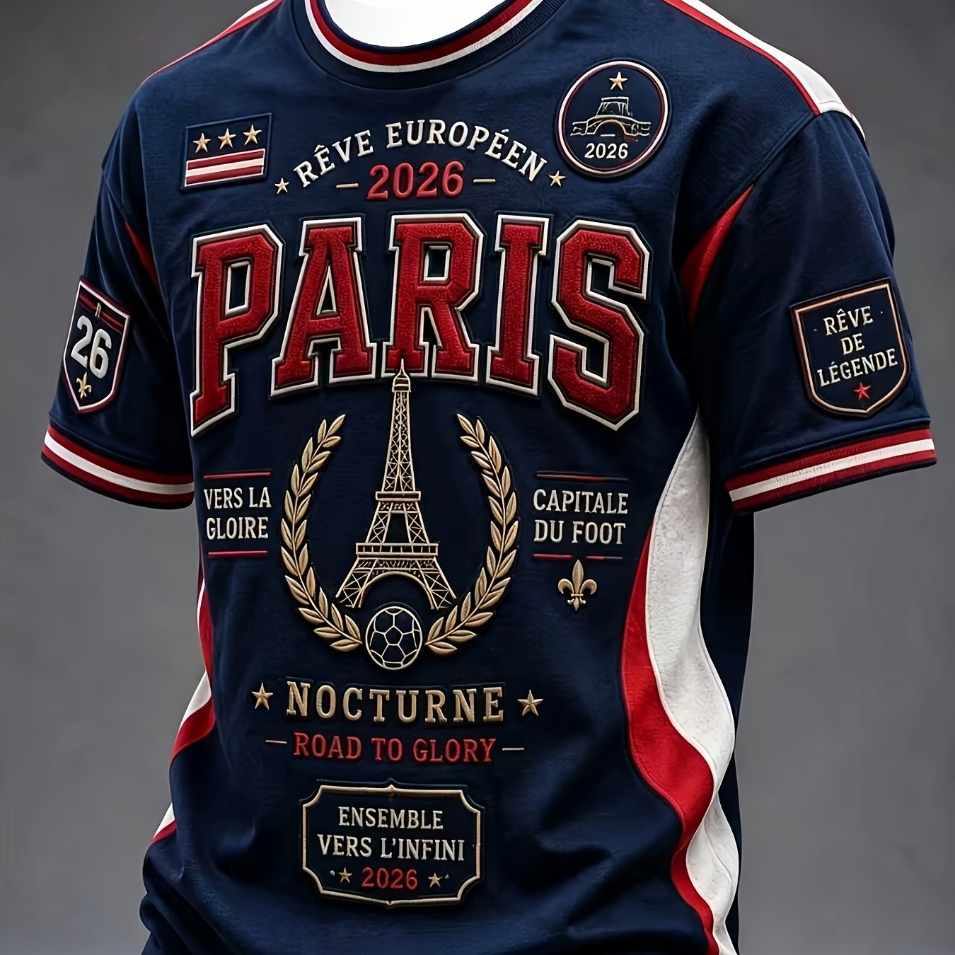 TEMU T-shirt de sport décontracté et tendance pour hommes, imprimé sur le thème du football Paris 2026, fin et respirant, lavable en machine, haut à