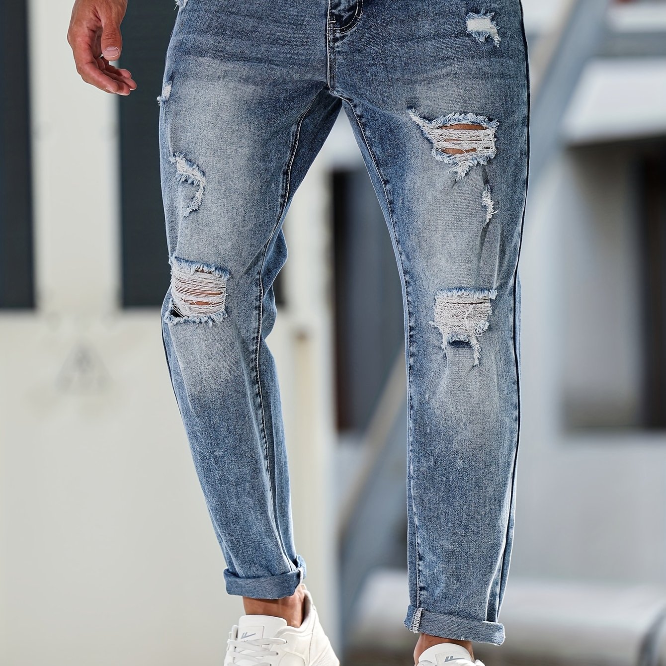 Men's Style Jeans (acid Wash With Horsebit And Multi- Ripped Holes)