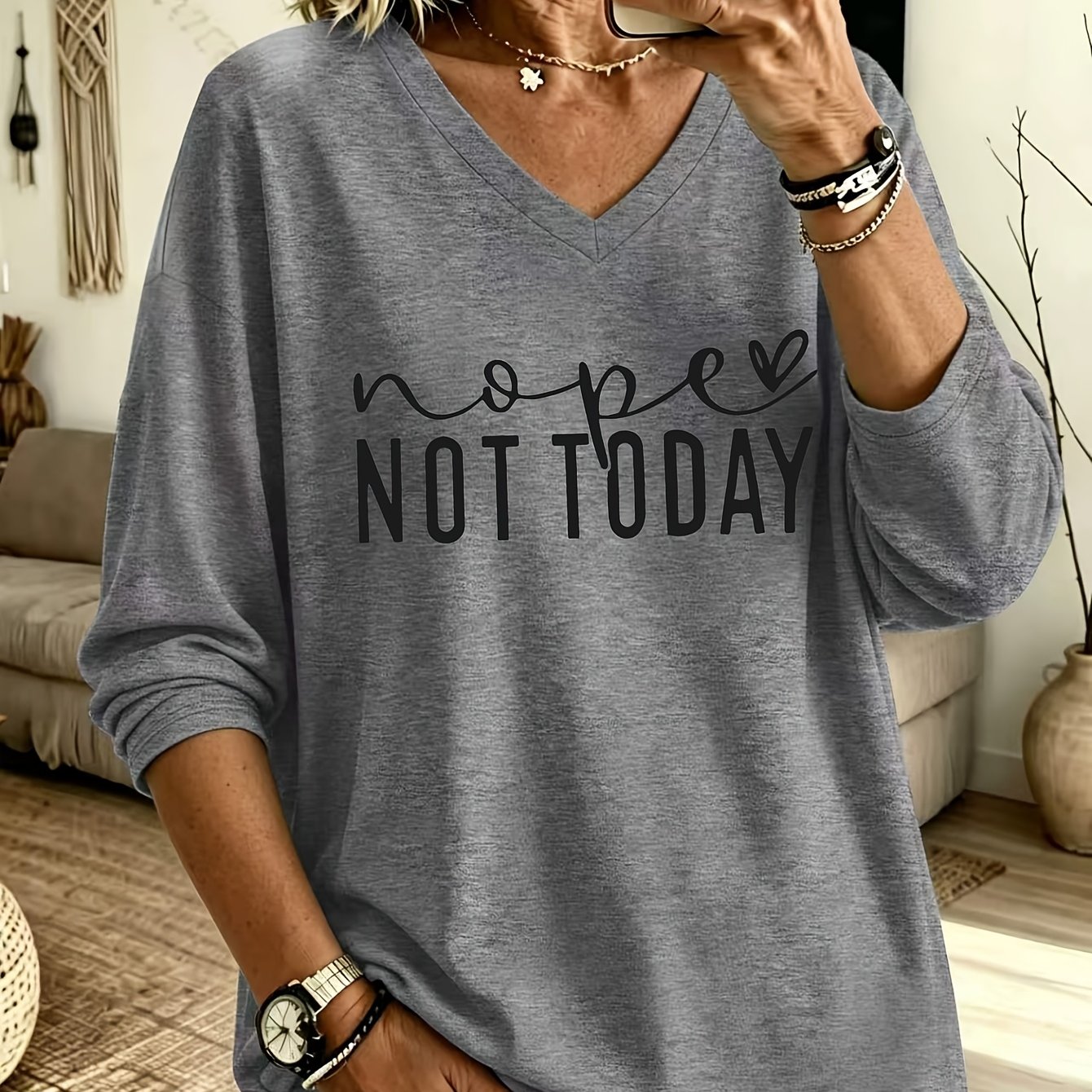 TEMU Grande Taille, Nouvelle Mode Printemps/Été T-shirt Décontracté Grande Taille pour Femme à Manches Longues et Col en V avec Imprimé Lettrage "",