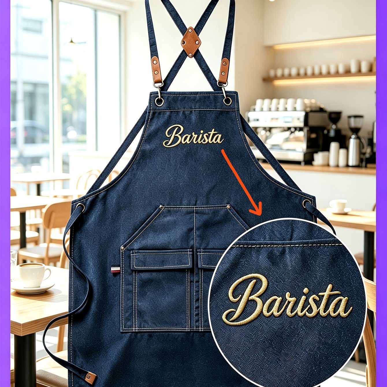 TEMU Custom Embroidered Thick Denim Canvas Apron, Dark Blue. Embroidered With Custom Names, Store Names, Or Logos. Workwear Specifically For Coffee