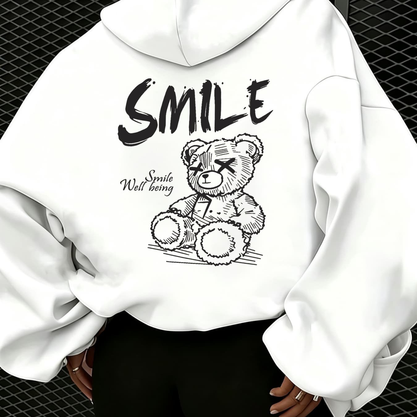 Image of Autumn Winter New Casual Hoodie For Women With Cartoon Bear Print & Smile Graphic, Warm Cozy Oversized Pullover, Street Style Loose Drop Shoulder