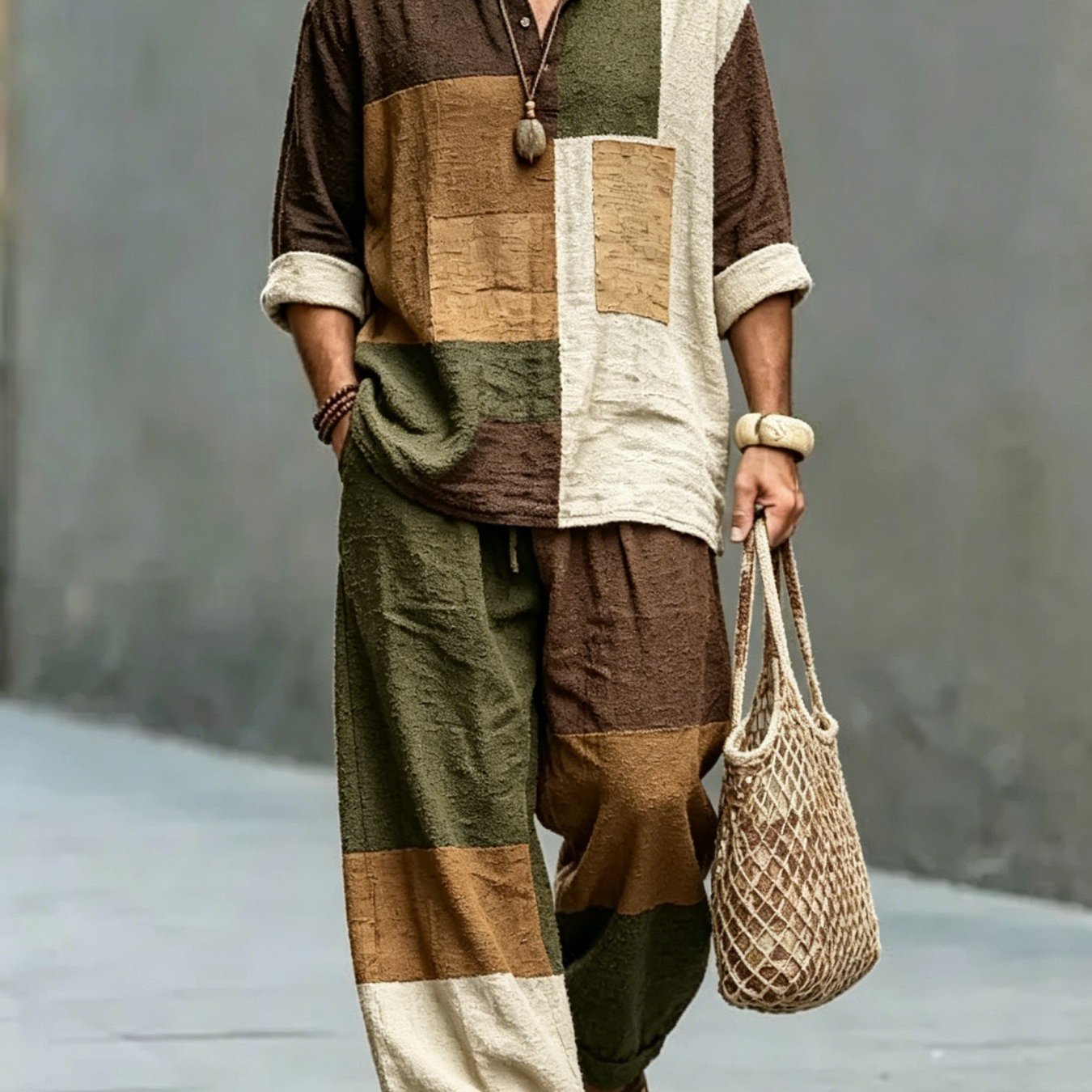 TEMU 2026 Men's Casual Suit, Small Collar Long-sleeve Shirt And Drawstring Trousers Two-piece Set, Light And Breathable, Suitable For Travel,