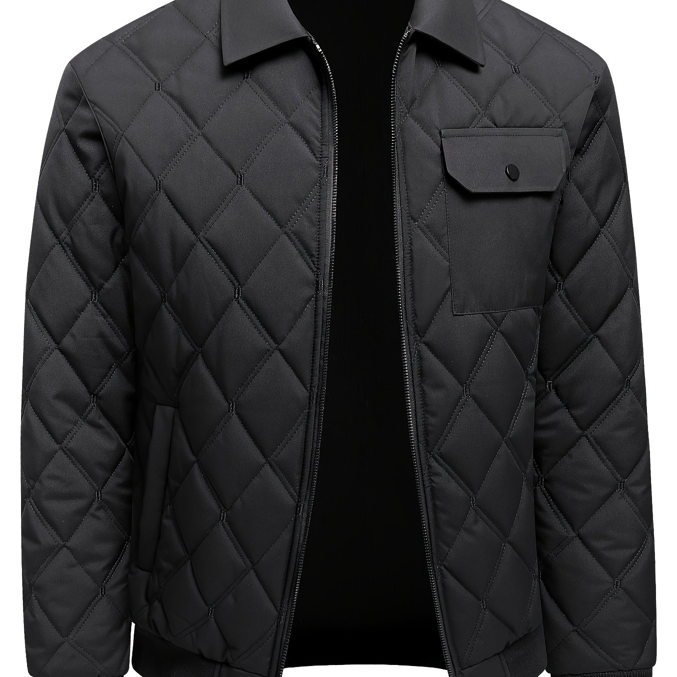 TEMU Men's Autumn Winter Thick Diamond Quilted Jacket, Collared Zip-up Casual Commuter Warm Outerwear