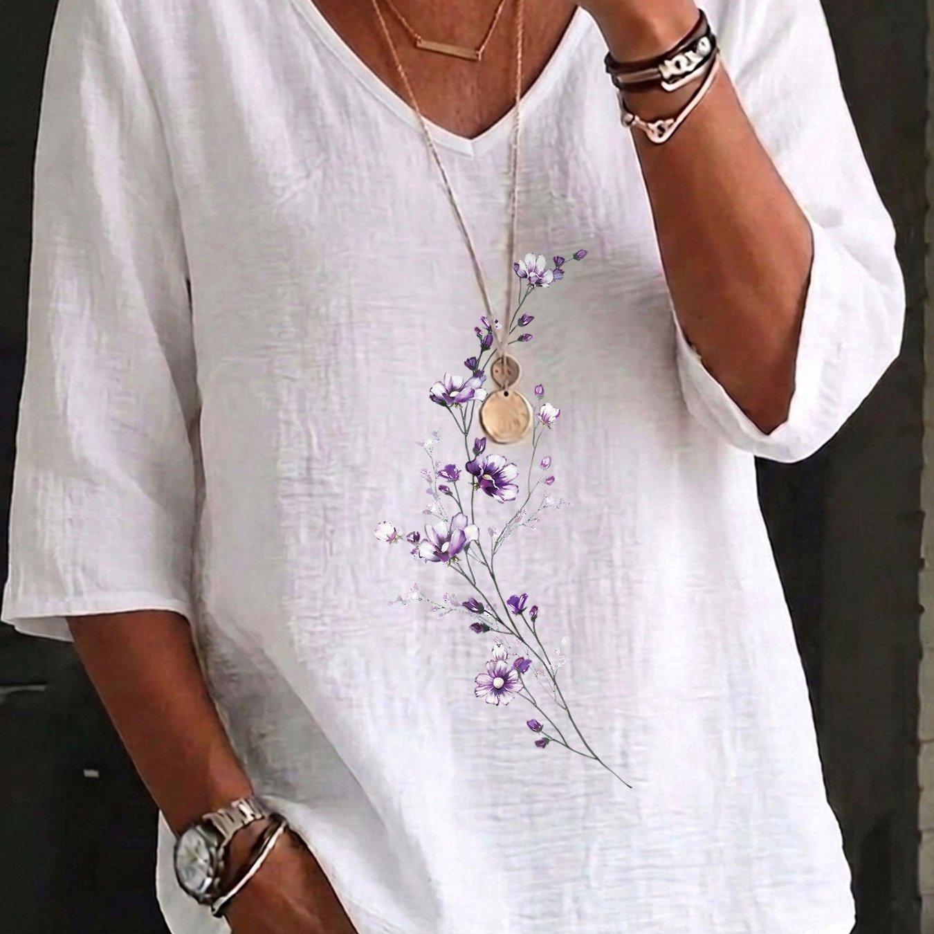 TEMU Spring Summer Casual 's Top, Watercolor Floral Branch Print Loose V-neck Three-quarter Sleeve Shirt