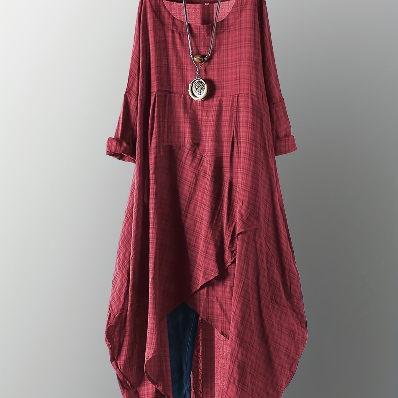 Plus Size - Fashionable Plus-size Dress For - Breathable, Casual Round Neck, Unique Asymmetrical Hem.