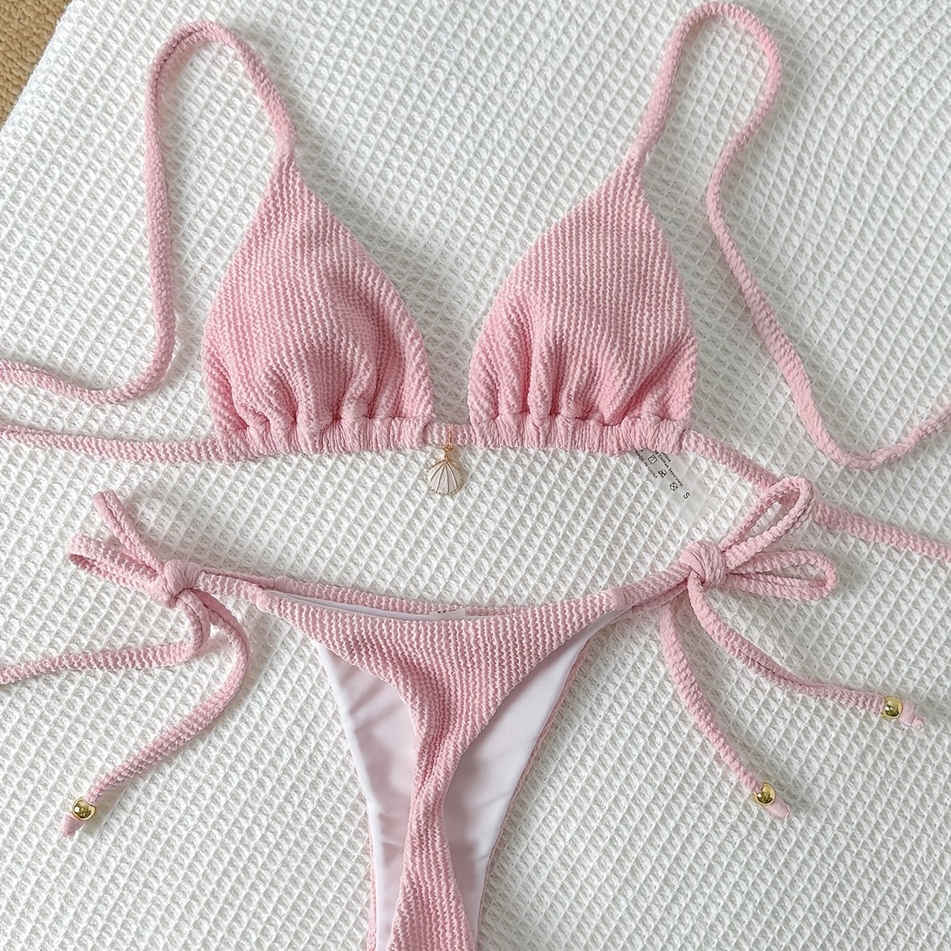 TEMU Pink Solid Color Split Back Tie Women's Bikini Swimsuit Set For Beach Vacation, Spring And Summer