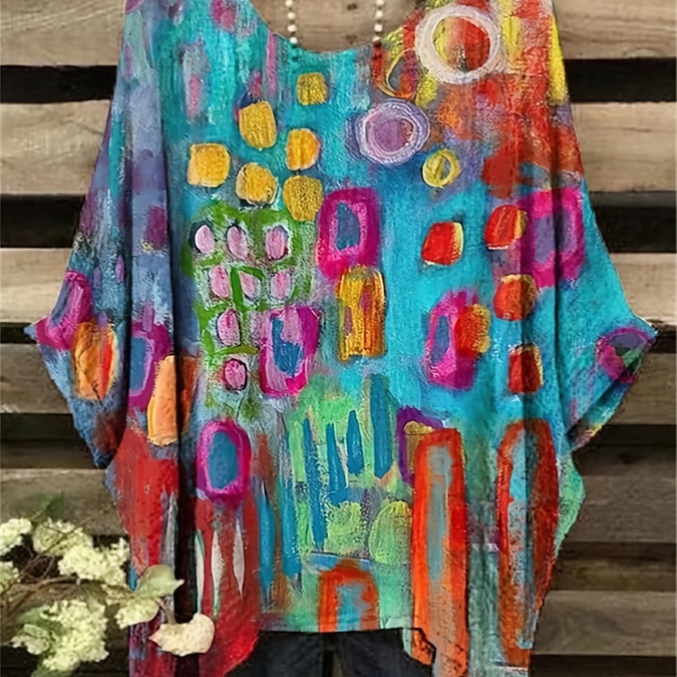 TEMU Grande Taille - Grande Taille - Chemise Bohème Femme avec Géométriques Élégants, Manches Courtes Rétro Bohème, Col Rond, Haut Décontracté,