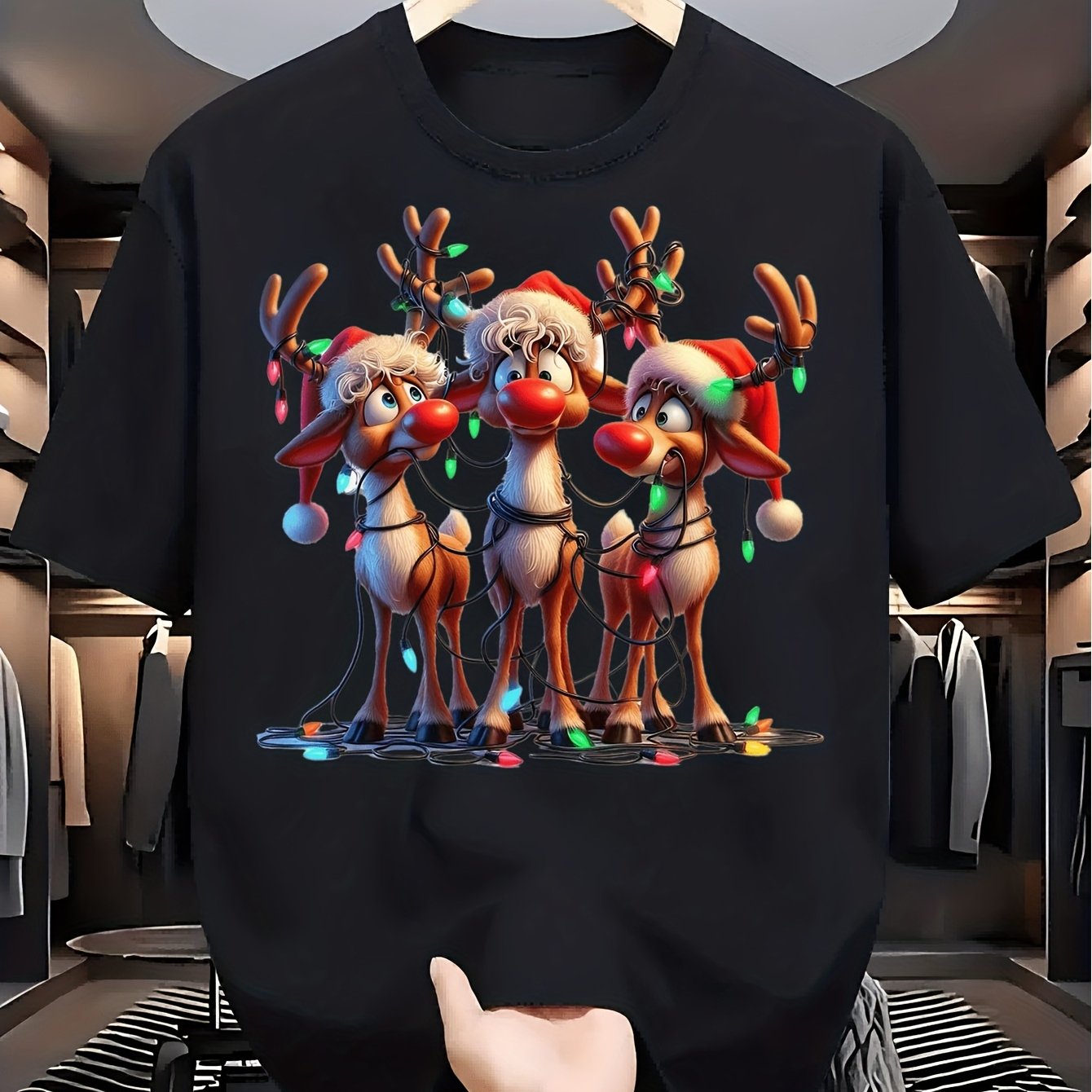 Image of 1pc Men's & Women's 100% Cotton Christmas T-shirt With Festive Reindeer Print - Casual Round Neck Short Sleeve Tee Suitable For Holiday Outfits, Wear, Machine Washable Comfortable Apparel