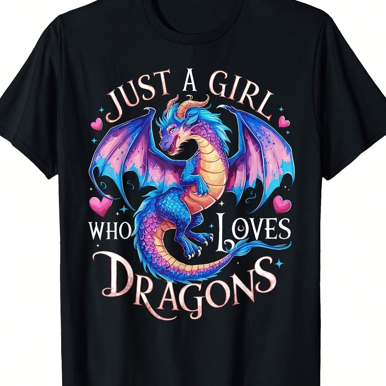 TEMU Unisex Dragon Size -3xl Cute Blue Purple Dragon Just Dragons Slogan Print Preshrunk Ring Double-needle Stitching Game Inspired Casual T-unisex