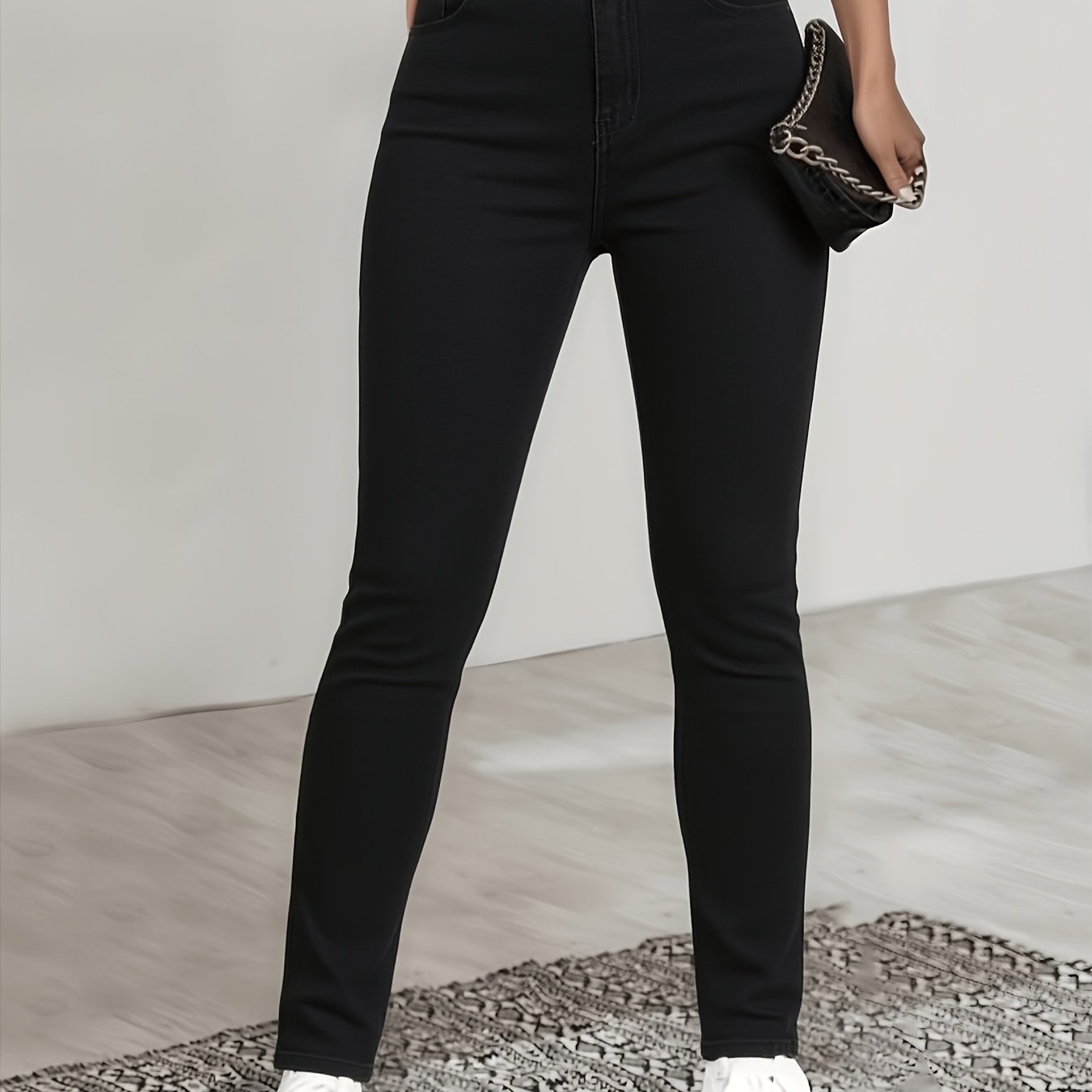 TEMU High Waist Black Denim Skinny Pants, Slim Fit Casual Trousers For Women, Versatile And Stylish