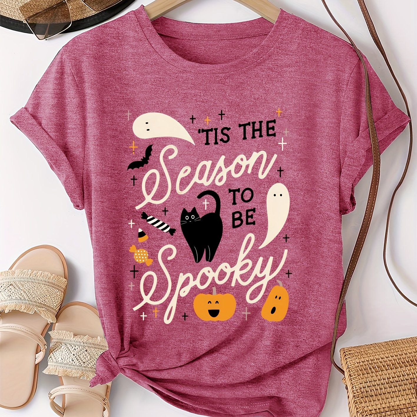 TEMU Women's Dark Blue Short Sleeve T-shirt - Spooky & Bat Print With " To Be Spooky" Slogan, Cute Black & Pumpkin Design - Casual Round Neck Tee For