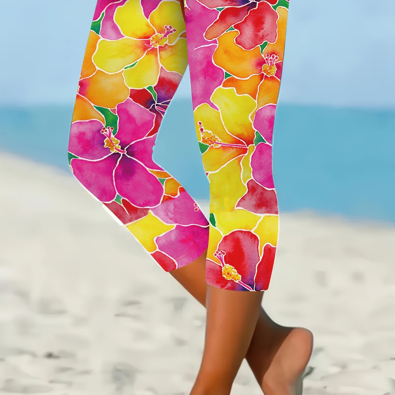 E-shop Lebendige Tropische Blumenmuster Stretch-Capri-Leggings für Damen - Eng Anliegende Yogahosen mit Mittlerer Elastizität, Maschinenwaschbar für