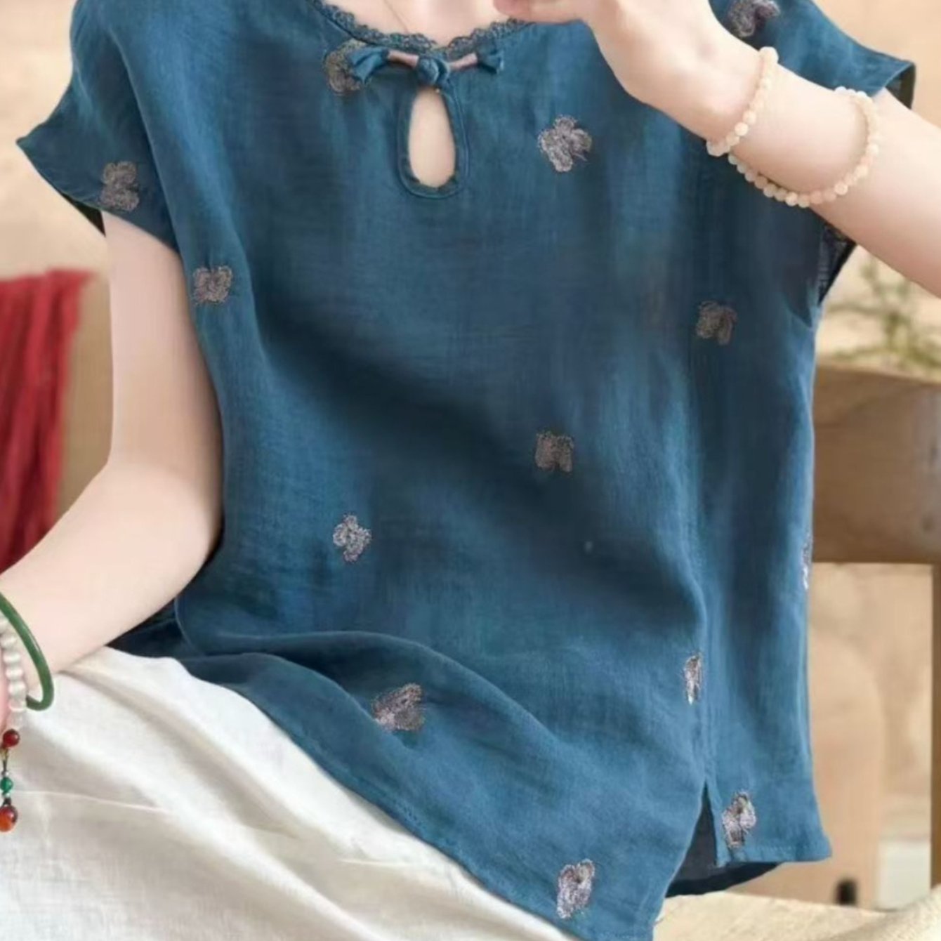 TEMU アンドリネン レディース 半袖シャツ 刺繍 プルオーバー 春夏 カジュアル おしゃれ 仕事用 デート用 パーティー用 国内配送
