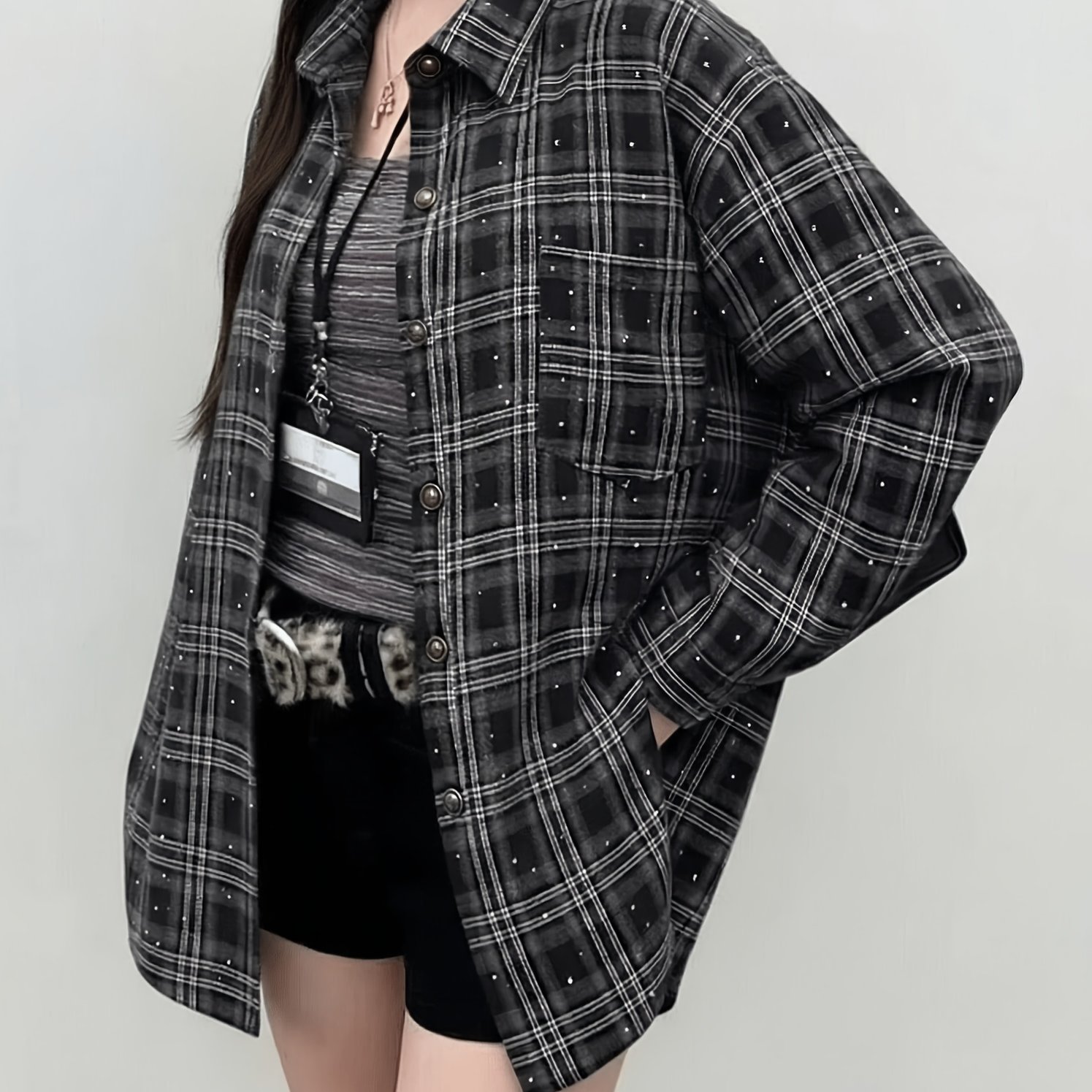 TEMU Heavy Rhinestone Shiny Shirt For Women Loose Lazy Style Casual Blouse Spring Autumn Trendy Cardigan Coat