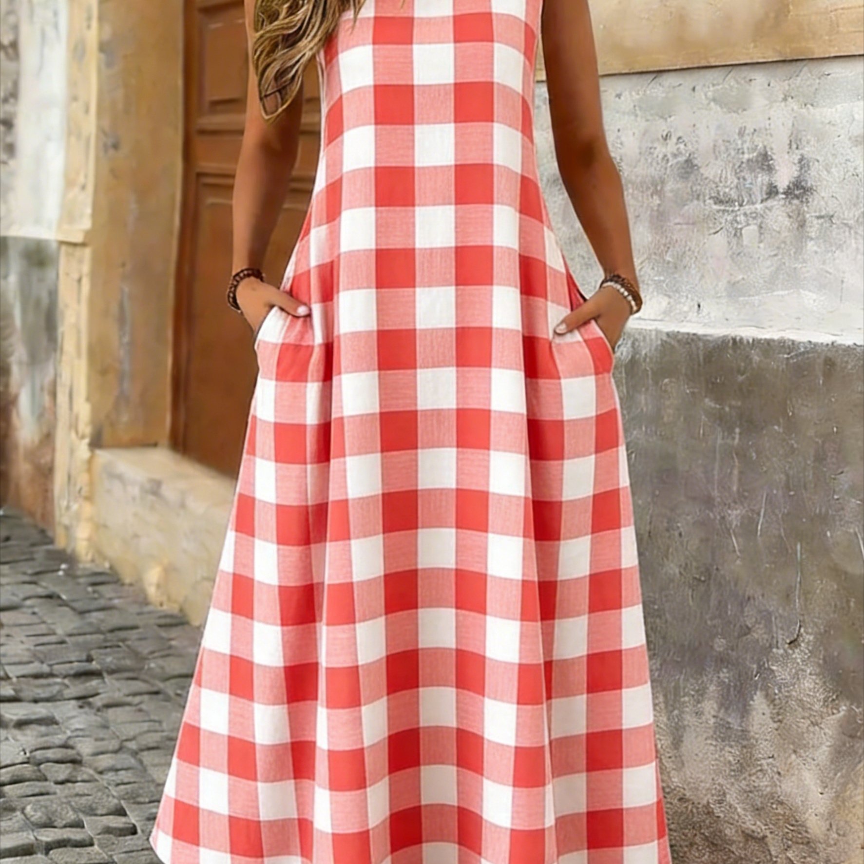 Image of Plus Size - Plus Size - Plus Size Women' Sleeveless Dress Plaid Print Round Neck Casual Daily Wear Soft Flowing Loose Fit Long Dress Spring Summer Party Wear