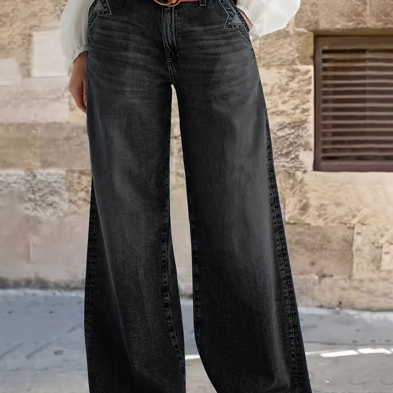 Image of Women's 2026 High-waist Wide-leg Jeans, Washed Black Trousers With Pockets, Street Style Ladies' Clothing, Worn Baggy Pants, Casual Trousers Suitable For Travel And Shopping. (belt Not Included)