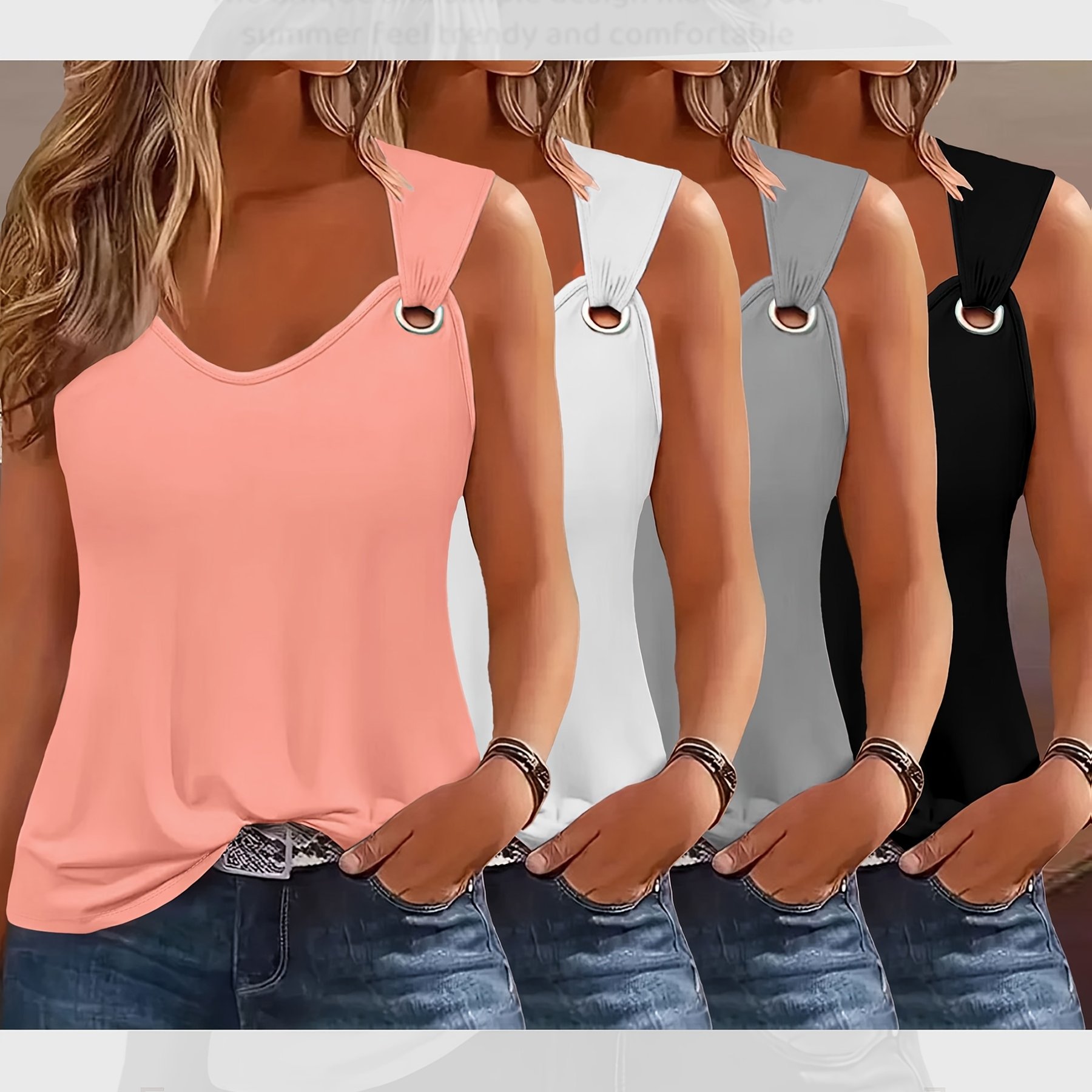 E-shop Vierer-Pack Damen Tanktops Sommer Ärmellos Locker Sitzende Halterneck Einfarbige Basic-Shirts