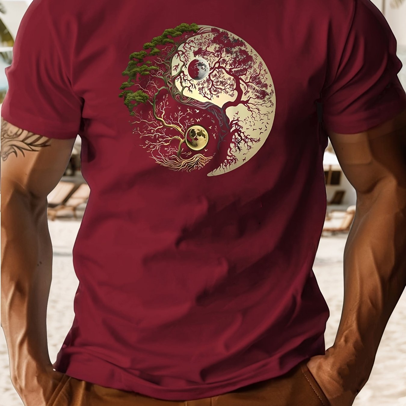 TEMU Men's Yin-yang Tree Graphic Print Trendy Summer Neck Short Sleeve T-shirt, Plus Size