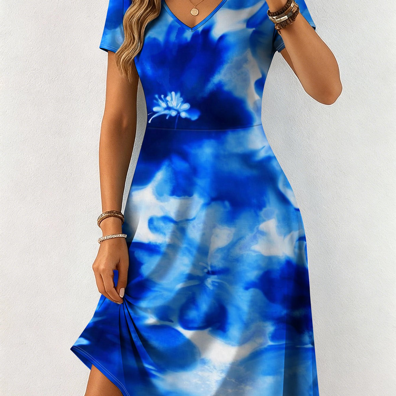 Image of Plus Size - Plus Size - Plus Size- Women's V Neck Short Sleeve A Line Dress, Elegant Trendy Blue Tie Dye Print Mini Dress, Women's Dress For Casual , Curvy Plus Size Women Clothing