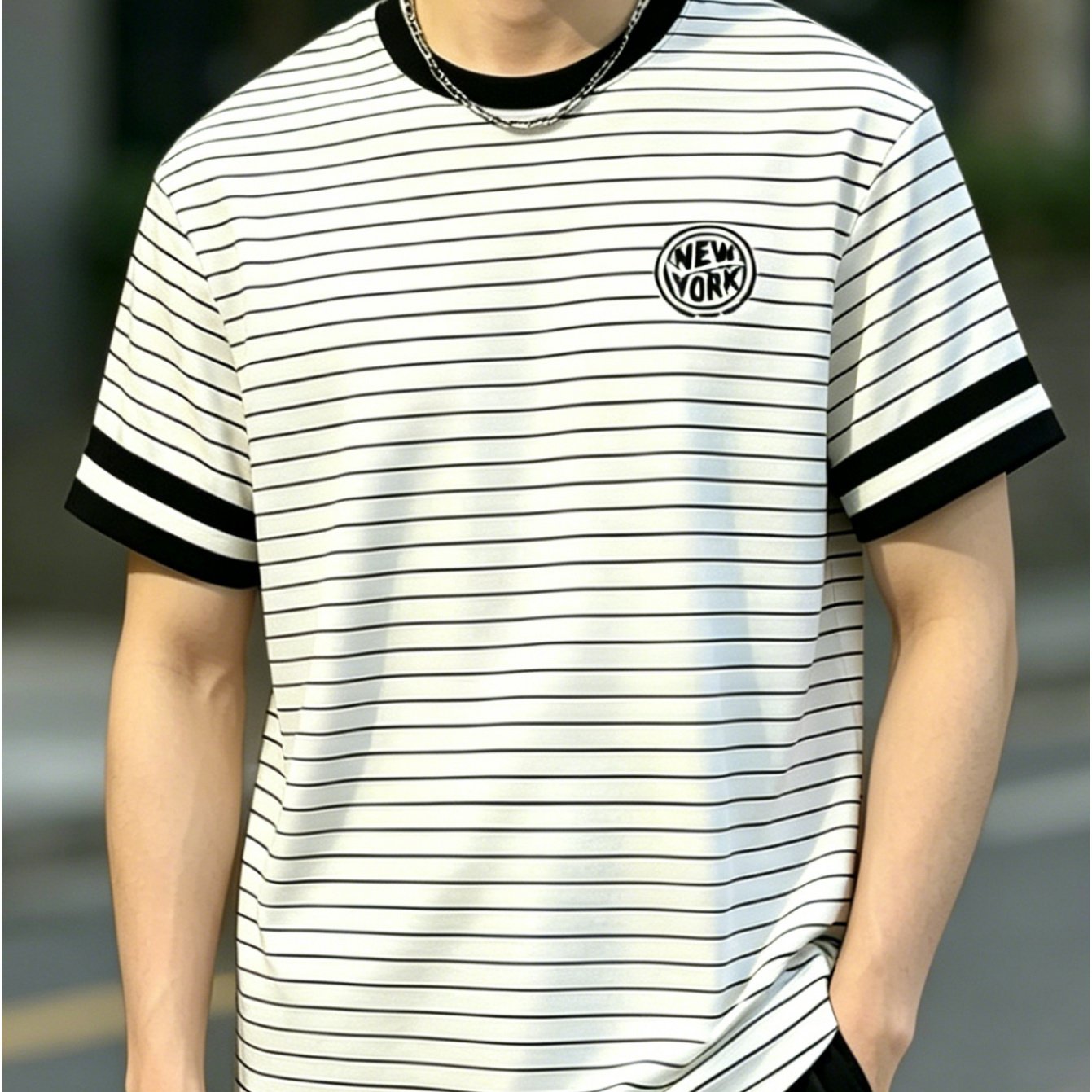 TEMU Comfortable Men's Striped Print Round Neck Short Sleeve T-shirt Trendy Sports Outdoor Daily All-match Summer Top