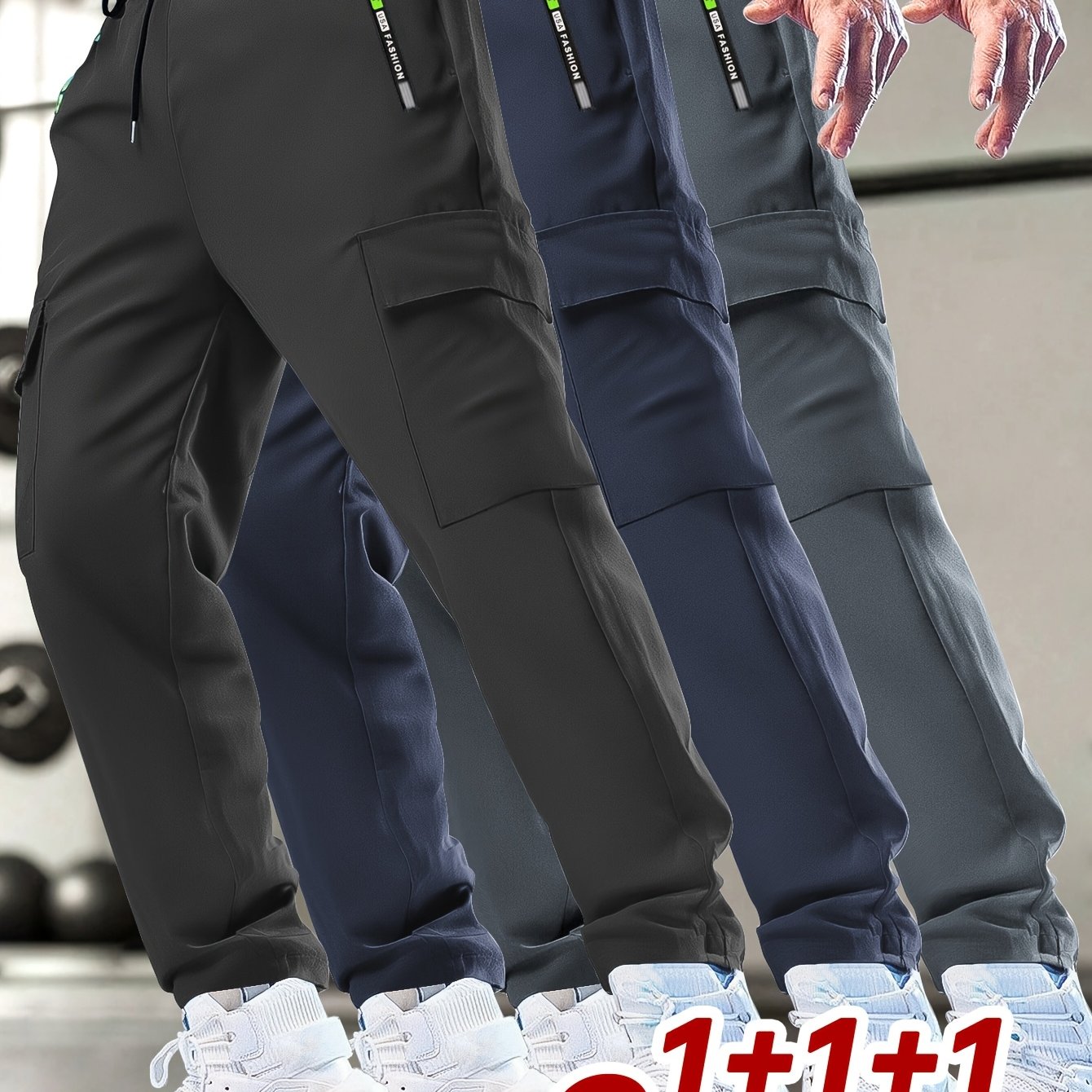 TEMU 3 pezzi Pantaloni cargo sportivi casual da con vita con coulisse, tasche con cerniera stampate, tasche cargo, per /estate, adatti per e