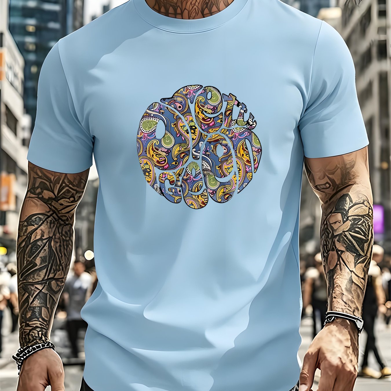 TEMU Paisley Print Men's Casual Sports T-shirt, New Summer Round Neck Short-sleeved Fashion Top, Pinhole Fabric, Quick-drying And Breathable, Outdoor