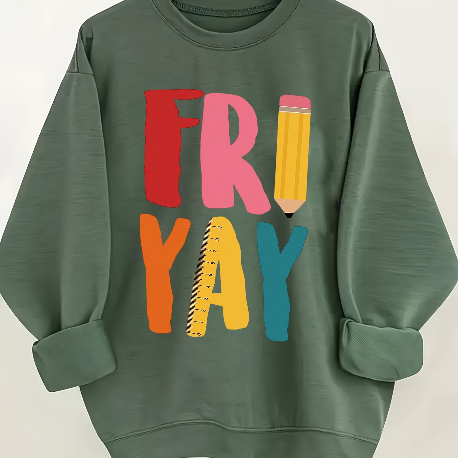 TEMU Women's Friday Slogan Sweatshirt - Supply-themed Letter Print (crayon & ) - Black With Multicolor Casual Pullover Sweater, , Round Neck Long