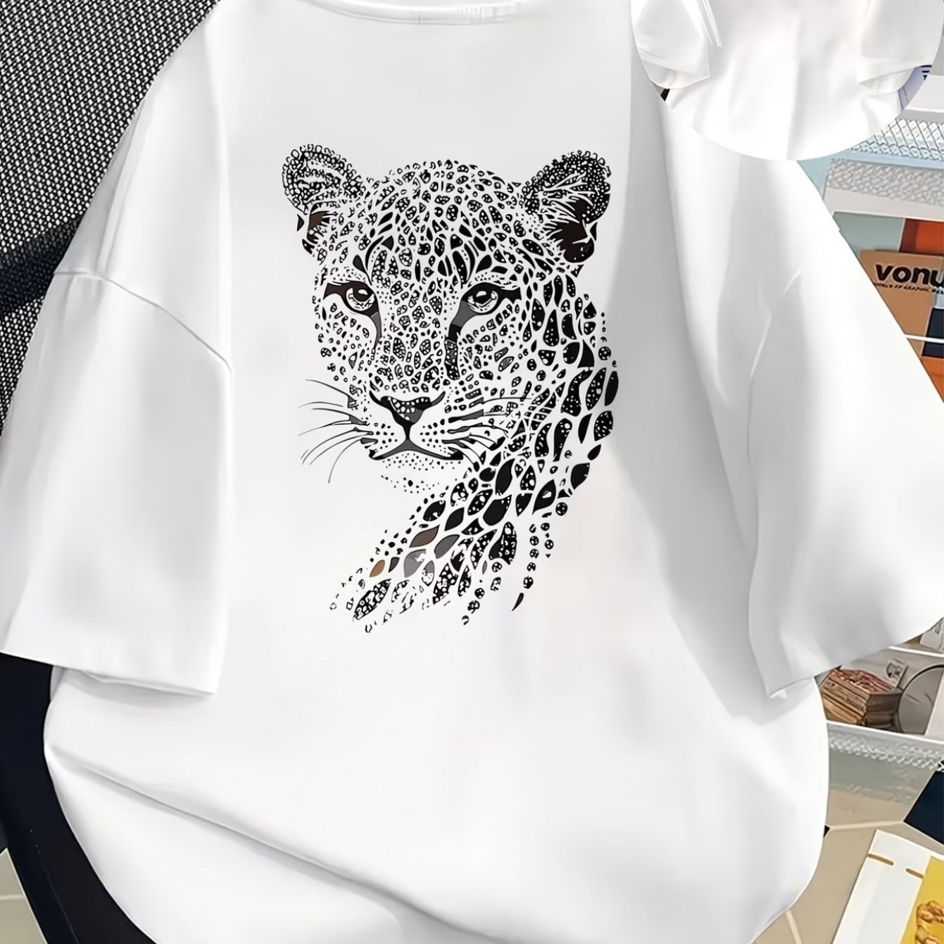 TEMU Front And Back Printed Short-sleeve T-shirt - Leopard, Leopard Print, Short-sleeve Crewneck Casual Top, 2d Heat Transfer Print, Soft And