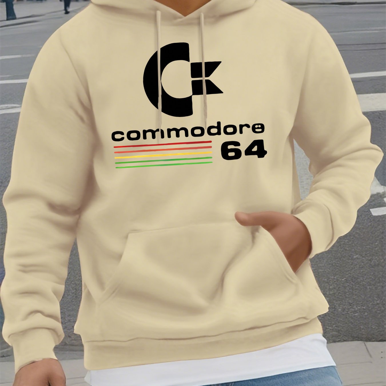 TEMU Men's Casual Hoodie With " 64 Logo" Print, Featuring Pocket, Machine Washable, Warm Sweater For Autumn And Winter, Everyday Pullover, Durable
