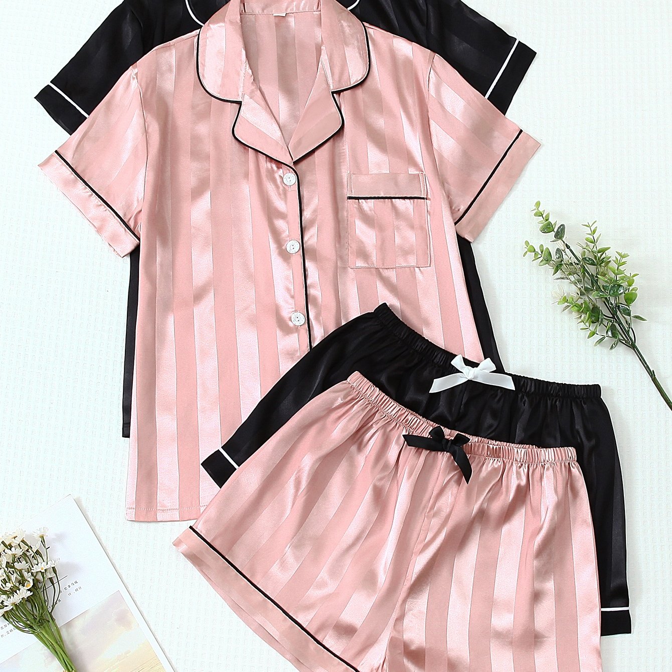 TEMU 2 Sets Satijnen Gestreept Print Top met Kraag en Korte Mouwen en Shorts met Strik Dames Pyjama Set Huispak